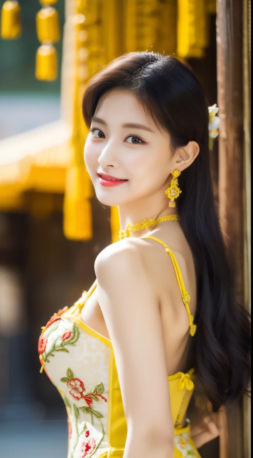 ulzzang-6500-v1.1,(Masterpiece, BestQuality:1.3),(Top image quality,8K:1.3),Realistic high-quality photos,top-quality,Real, Photorealistic, 8K, Delicate beautiful girl,Very nice atmosphere with sparkling eyes,20yo, Attractive eyes and moist lips,long black hair,(smile:1.3),detailed depiction of the face,Detailed description of facial features ,fine detail,Detailed depiction of hair,My body is bumpy,Detailed depiction of hands,detailed costumes,perfect face,4 fingers and 1 thumb:1.3),orthofacial,choker necklace,ear drops, works of masters,extremely close to reality,(full body photo:1.5),best image quality,best quality,endless details,(((Beautiful patterned embroidered Chinese dress 1.3))),((yellow cheongsam dress))),(ancient courtyard scene:1.3),laughter, small of the waist, sexy pose,bold pose, Beautiful legs visible through the slit of a long skirt, big and full breasts, neatly tied hair