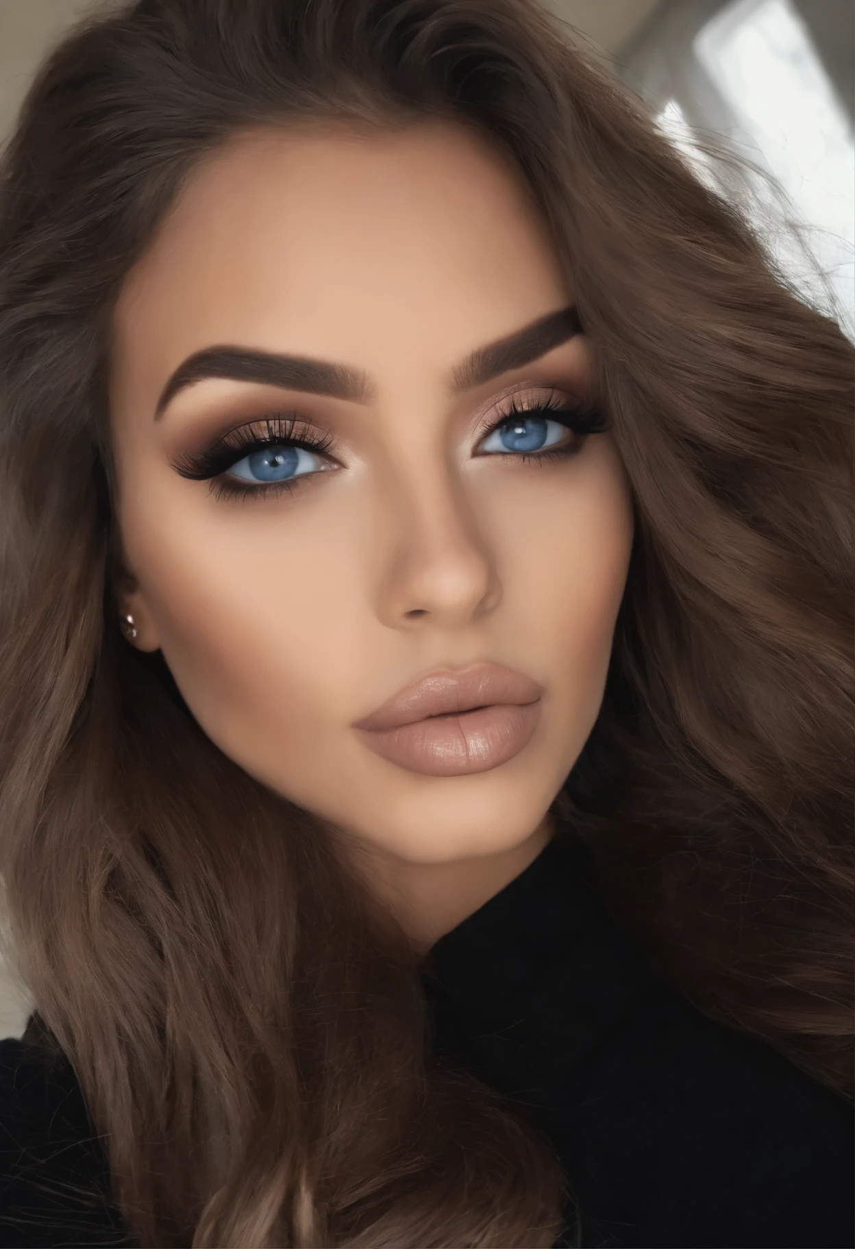 mujer arafed completamente , Chica sexy con ojos azules, ultra realista, Meticulosamente detallado, Retrato de Sophie Mudd, pelo negro y ojos grandes, selfie de una mujer joven, ojos dormitorio, Violeta Myers, sin maquillaje, maquillaje natural, looking directly at the camera, cara con artgram, maquillaje sutil, lie down on the bed, en el dormitorio, medium to large bust size; ; ;desnudo