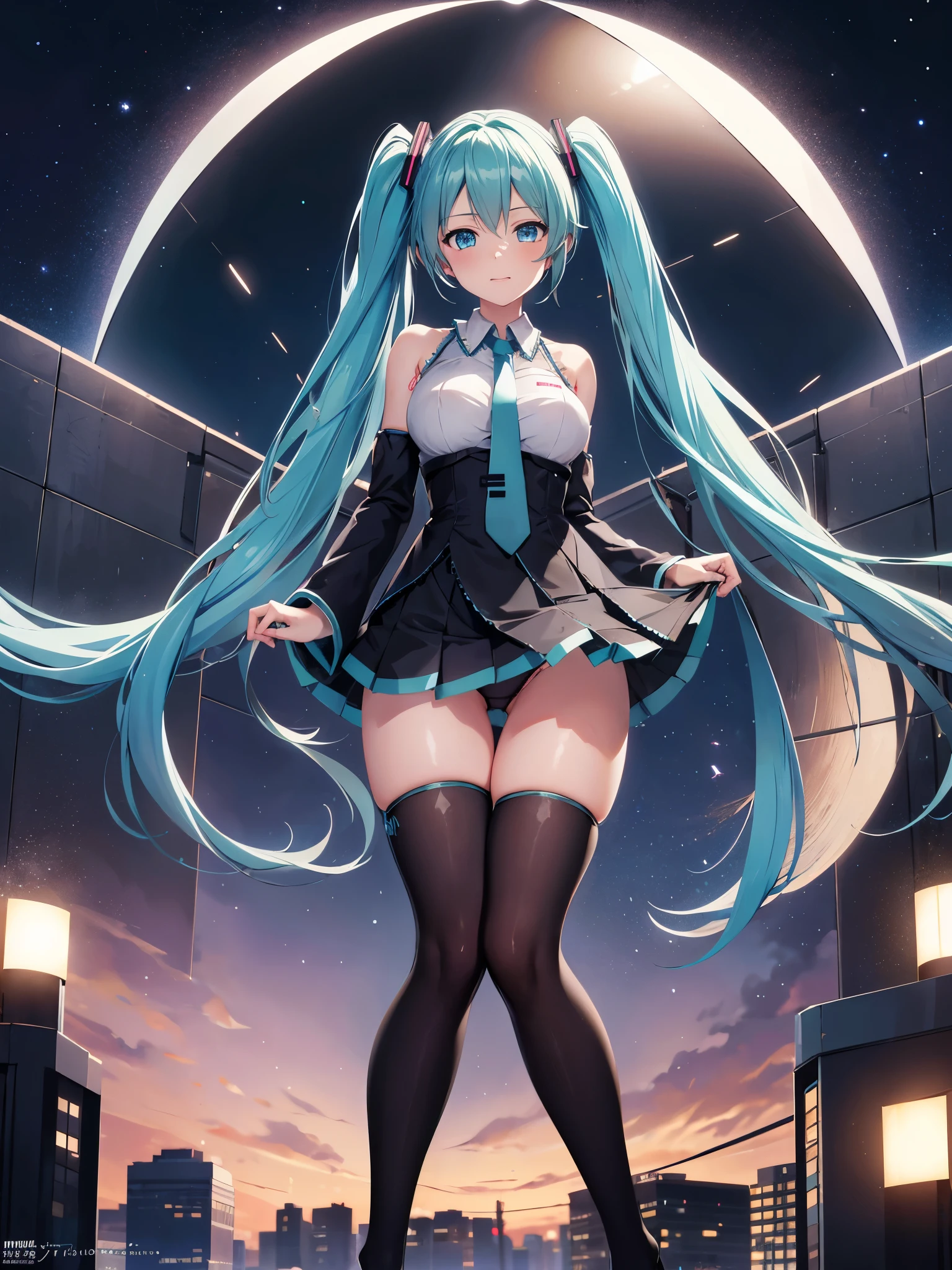 (1 girl),(high quality), (High resolution), (extremely detailed), (8K),(focus on lower body),(CG),(Hatsune Miku)、Gravure idol、Magic Knight、transparent costume、Magic Mentor、school uniform、sexy panties、(black knee high stockings:1.2)、(nipple shape)、No shoes、neutral white lighting,sexy pose、showing panties