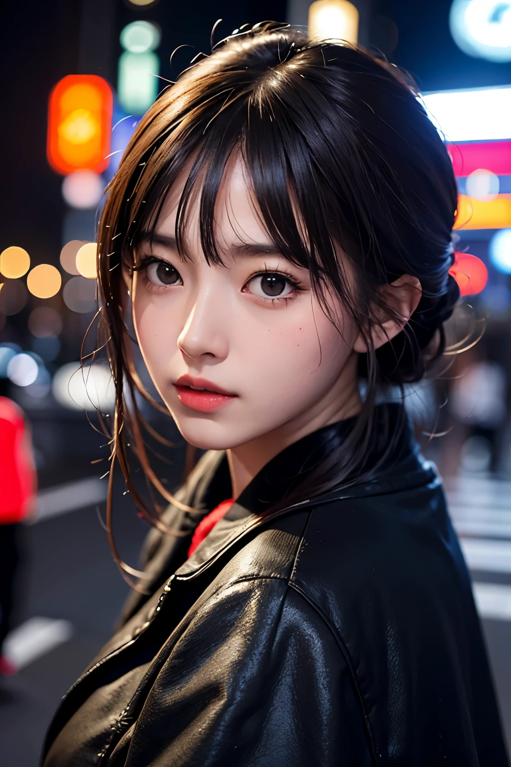1 girl, tokyo street,night, cityscape,city lights, Upper body,close, 8k, RAW photo, highest quality, masterpiece,realistic, photo-realistic,