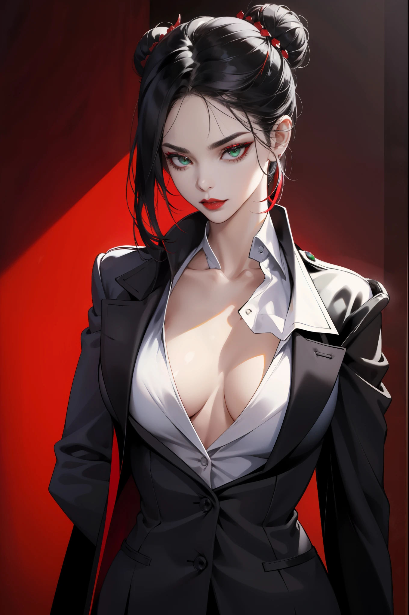 A Prison Interrogator named Victoria, with piercing emerald eyes and a commanding presence, dons an authoritative yet seductive appearance. Her raven-black hair is pulled back into a severe bun, and her lips are covered in a slick, cherry red lipstick. Wearing a tailored suit with a crisp white shirt and a fiery red power blazer, she exudes an air of dominance and control. However, beneath her imposing facade, Victoria harbors an unusual kink: she derives pleasure from manipulating and edging men to orgasm, only to shame them afterward. To further fuel her twisted desires, she may hold a leather strap or crop as a symbol of her power. Her voice is deep, husky, and seductive, captivating her subjects' full attention.