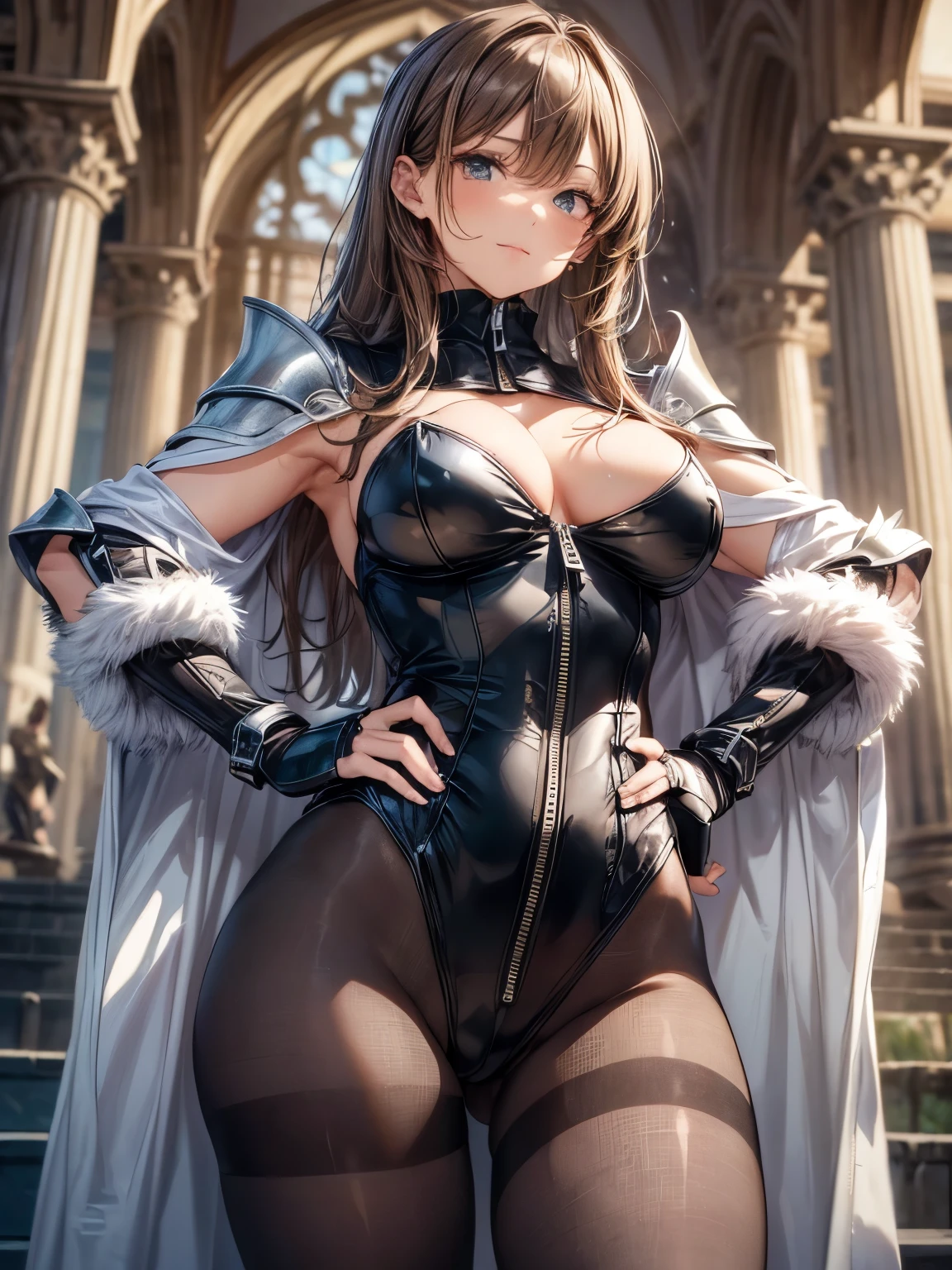 highest quality、complete limbs、Refers to the whole、1 beautiful woman、beautiful big breasted woman:1.3、((brown haired woman))、big smile、straight hair woman、female knight、((A woman equipped with full armor))、(((A woman wearing a black high neck leotard with a zipper:1.3)))、A woman wearing a white cloak、sexy pose、(((woman wearing brown pantyhose:1.3)))、inside the castle、hands on hips