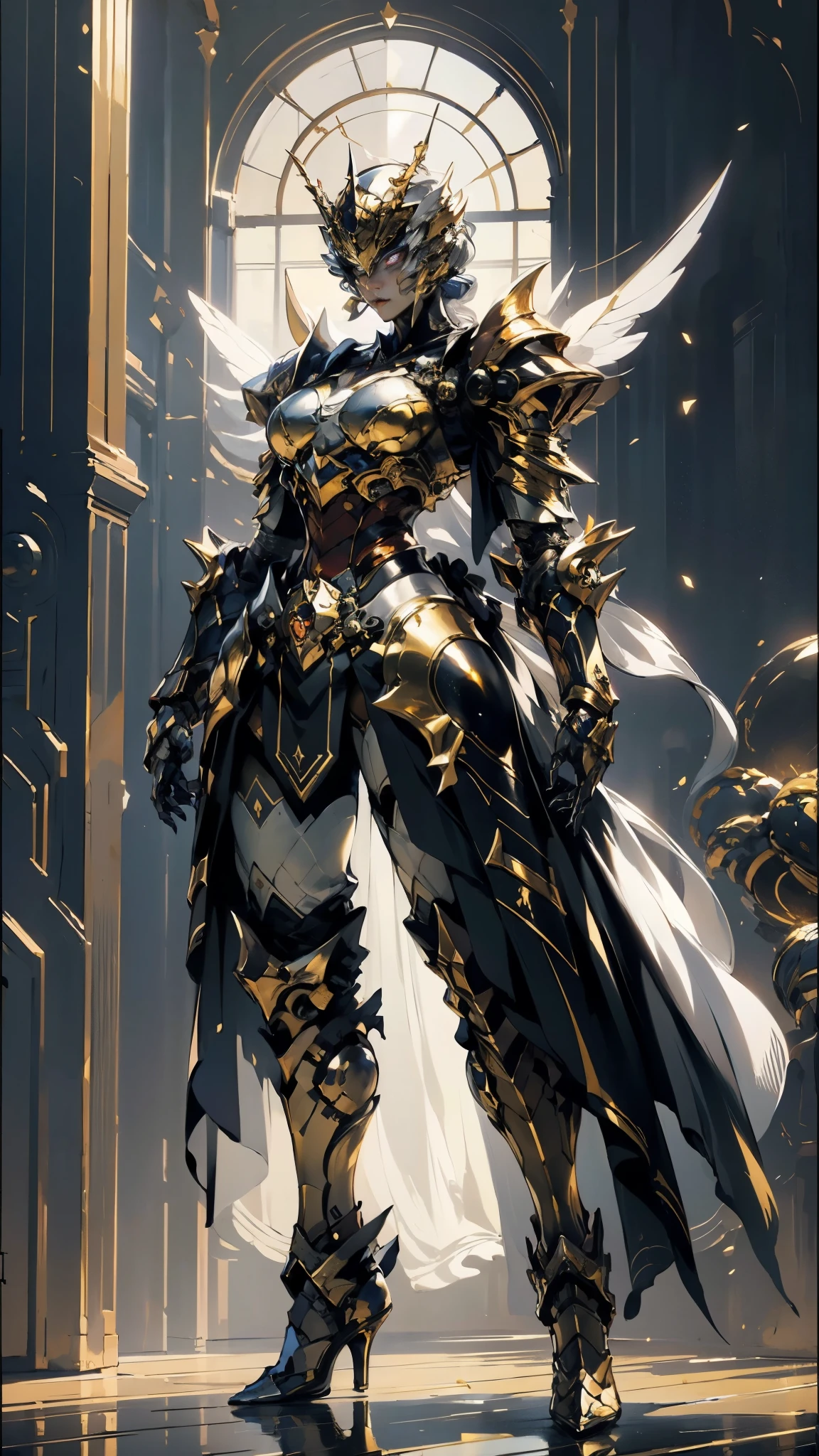 A woman adorned in fantasy-style full-body armor, a crown-concept fully enclosed helmet that unveils only her eyes, a composite layered chest plate, fully encompassing shoulder and hand guards, a lightweight waist armor, form-fitting shin guards, the overall design is heavy-duty yet flexible, (the armor gleams with a golden glow, complemented by red and blue accents), exhibiting a noble aura, she floats above a fantasy-surreal high-tech city, this character embodies a finely crafted fantasy-surreal style armored hero in anime style, exquisite and mature manga art style, (mixture of Queen bee and Spider concept Armor, plasma), ((Element, elegant, goddess, femminine:1.5)), metallic, high definition, best quality, highres, ultra-detailed, ultra-fine painting, extremely delicate, professional, anatomically correct, symmetrical face, extremely detailed eyes and face, high quality eyes, creativity, RAW photo, UHD, 32k, Natural light, cinematic lighting, masterpiece-anatomy-perfect, masterpiece:1.5