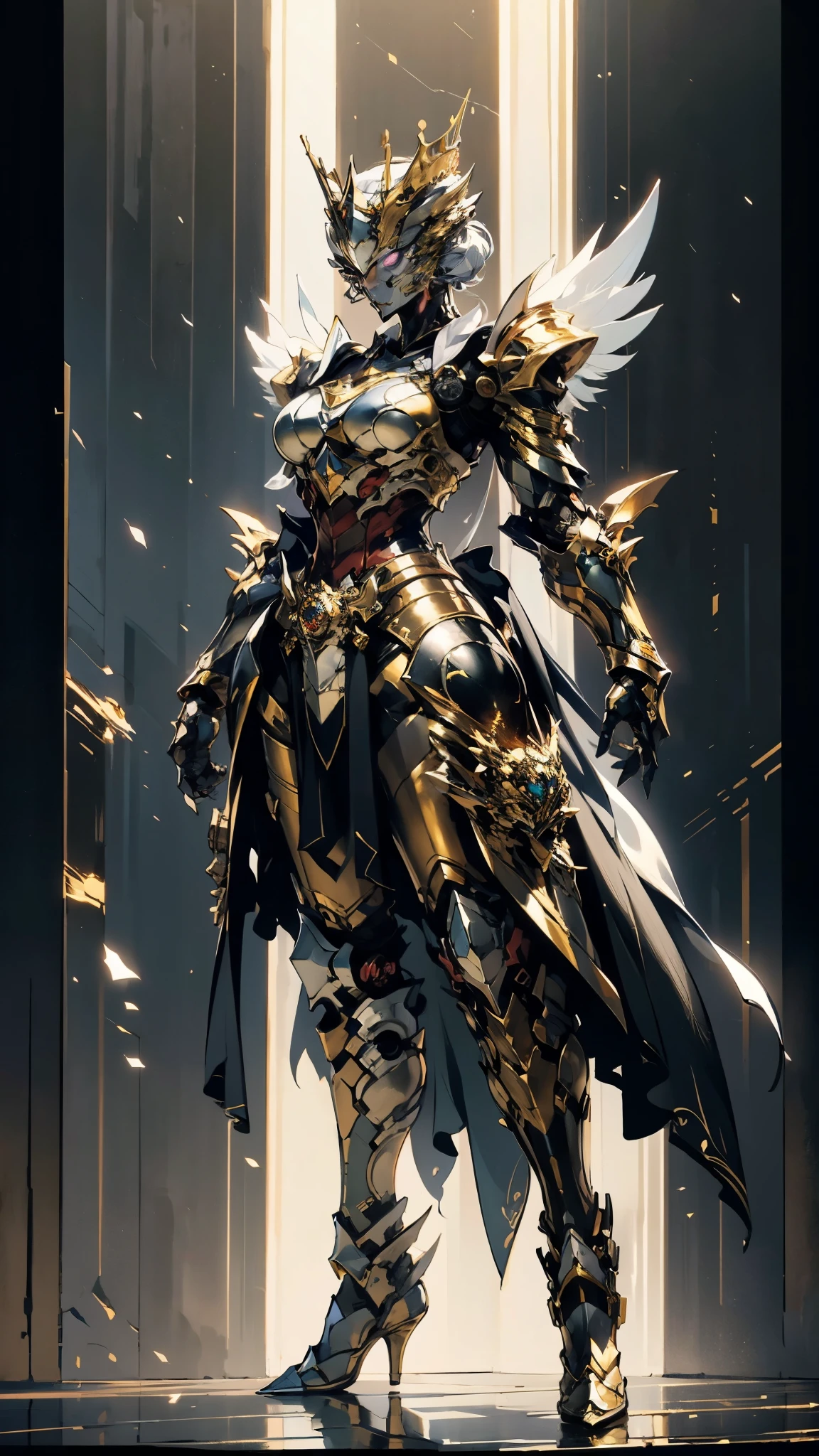 A woman adorned in fantasy-style full-body armor, a crown-concept fully enclosed helmet that unveils only her eyes, a composite layered chest plate, fully encompassing shoulder and hand guards, a lightweight waist armor, form-fitting shin guards, the overall design is heavy-duty yet flexible, (the armor gleams with a golden glow, complemented by red and blue accents), exhibiting a noble aura, she floats above a fantasy-surreal high-tech city, this character embodies a finely crafted fantasy-surreal style armored hero in anime style, exquisite and mature manga art style, (mixture of Queen bee and Spider concept Armor, plasma), ((Element, elegant, goddess, femminine:1.5)), metallic, high definition, best quality, highres, ultra-detailed, ultra-fine painting, extremely delicate, professional, anatomically correct, symmetrical face, extremely detailed eyes and face, high quality eyes, creativity, RAW photo, UHD, 32k, Natural light, cinematic lighting, masterpiece-anatomy-perfect, masterpiece:1.5