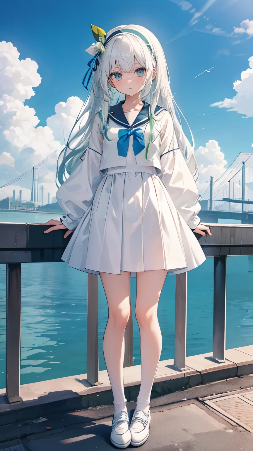 white hair,long hair,Bangs,Bangs整齐,green hairband,gray eyes,girl,cute,The body is very thin, JK sailor suit,white socks,Wear small leather shoes on your feet,whole body,Stand on the ground,standing on top of the building,Does not expose fingers,The background is blue sky and white clouds