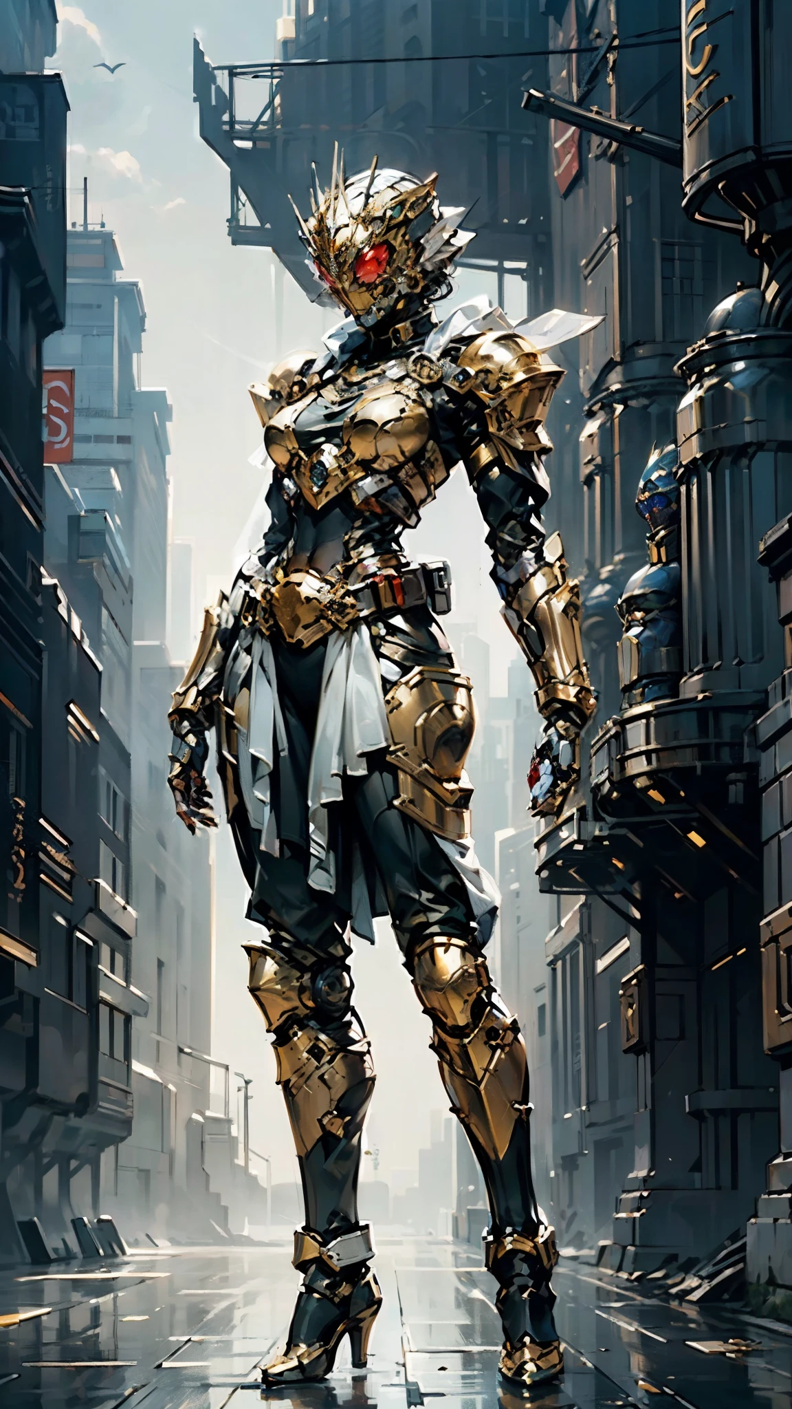 A woman adorned in fantasy-style full-body armor, a crown-concept fully enclosed helmet that unveils only her eyes, a composite layered chest plate, fully encompassing shoulder and hand guards, a lightweight waist armor, form-fitting shin guards, the overall design is heavy-duty yet flexible, (the armor gleams with a golden glow, complemented by red and blue accents), exhibiting a noble aura, she floats above a fantasy-surreal high-tech city, this character embodies a finely crafted fantasy-surreal style armored hero in anime style, exquisite and mature manga art style, (mixture of Queen bee and Spider concept Armor, plasma), ((Element, elegant, goddess, femminine:1.5)), metallic, high definition, best quality, highres, ultra-detailed, ultra-fine painting, extremely delicate, professional, anatomically correct, symmetrical face, extremely detailed eyes and face, high quality eyes, creativity, RAW photo, UHD, 32k, Natural light, cinematic lighting, masterpiece-anatomy-perfect, masterpiece:1.5