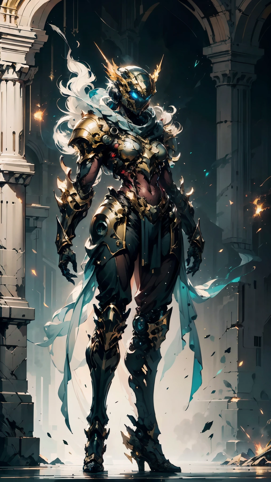 A woman adorned in fantasy-style full-body armor, a crown-concept fully enclosed helmet that unveils only her eyes, a composite layered chest plate, fully encompassing shoulder and hand guards, a lightweight waist armor, form-fitting shin guards, the overall design is heavy-duty yet flexible, (the armor gleams with a golden glow, complemented by red and blue accents), exhibiting a noble aura, she floats above a fantasy-surreal high-tech city, this character embodies a finely crafted fantasy-surreal style armored hero in anime style, exquisite and mature manga art style, (mixture of Queen bee and Spider concept Armor, plasma), ((Element, elegant, goddess, femminine:1.5)), metallic, high definition, best quality, highres, ultra-detailed, ultra-fine painting, extremely delicate, professional, anatomically correct, symmetrical face, extremely detailed eyes and face, high quality eyes, creativity, RAW photo, UHD, 32k, Natural light, cinematic lighting, masterpiece-anatomy-perfect, masterpiece:1.5