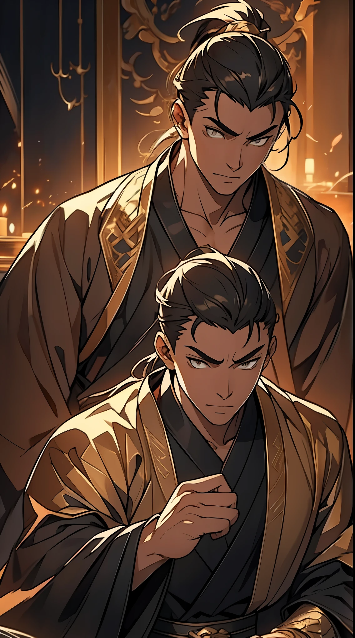 Two dimensions，anime style，one person（male warrior），proportions are correct，facial details，swordsman，high ponytail hairstyle，neck detail，Have an Adam&#39;s apple，Black and gold robe，joke，Black and gold robe，clothing details，Hand over，long sleeves，Game quality，fencing，Ray tracing，Ray tracing，Detailed glow，CG rendering，hair details，Long black and blond hair，Black-gold eyes，Handsome，Handsome，（Youthful feeling），Costumes are complicated，Perfect composition，refine，high quality，higher details，many details，Complex background，a sense of atmosphere，