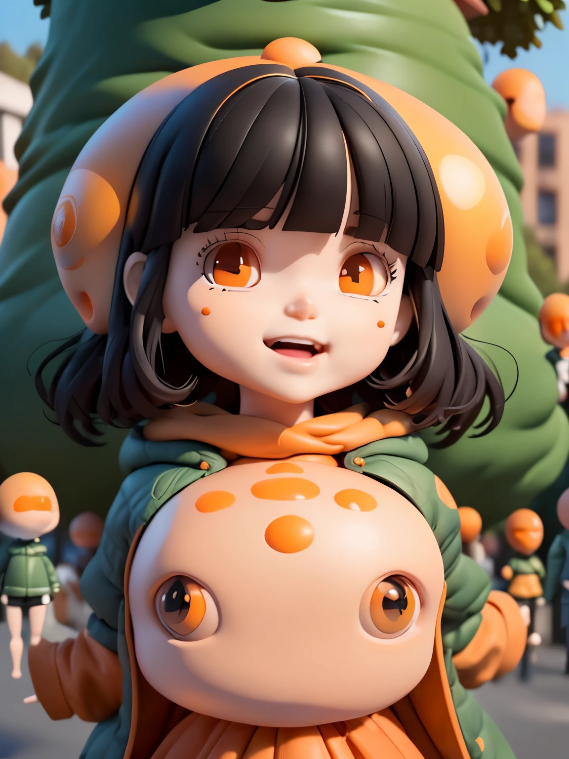 (masterpiece), (extreme), (super detailed),(Body:1.9),1 girl, Sunlight, Lovely, orange, (Big head:1.8), toy doll, Smile, open mouth, City, Fashion, coat, blush, tree, shirt, short hair,orange, orange headdress, Vague, long sleeves, Bangs, black hair, (Beautiful and detailed face), (Beautiful and delicate eyes),