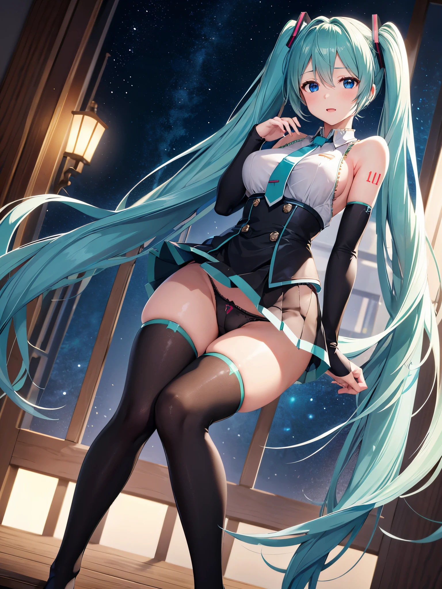 (1 girl),(high quality), (High resolution), (extremely detailed), (8K),(focus on lower body),(CG),(Hatsune Miku)、Gravure idol、Magic Knight、transparent costume、Magic Mentor、school uniform、sexy panties、(black knee high stockings:1.2)、(nipple shape)、No shoes、neutral white lighting,sexy pose、showing panties