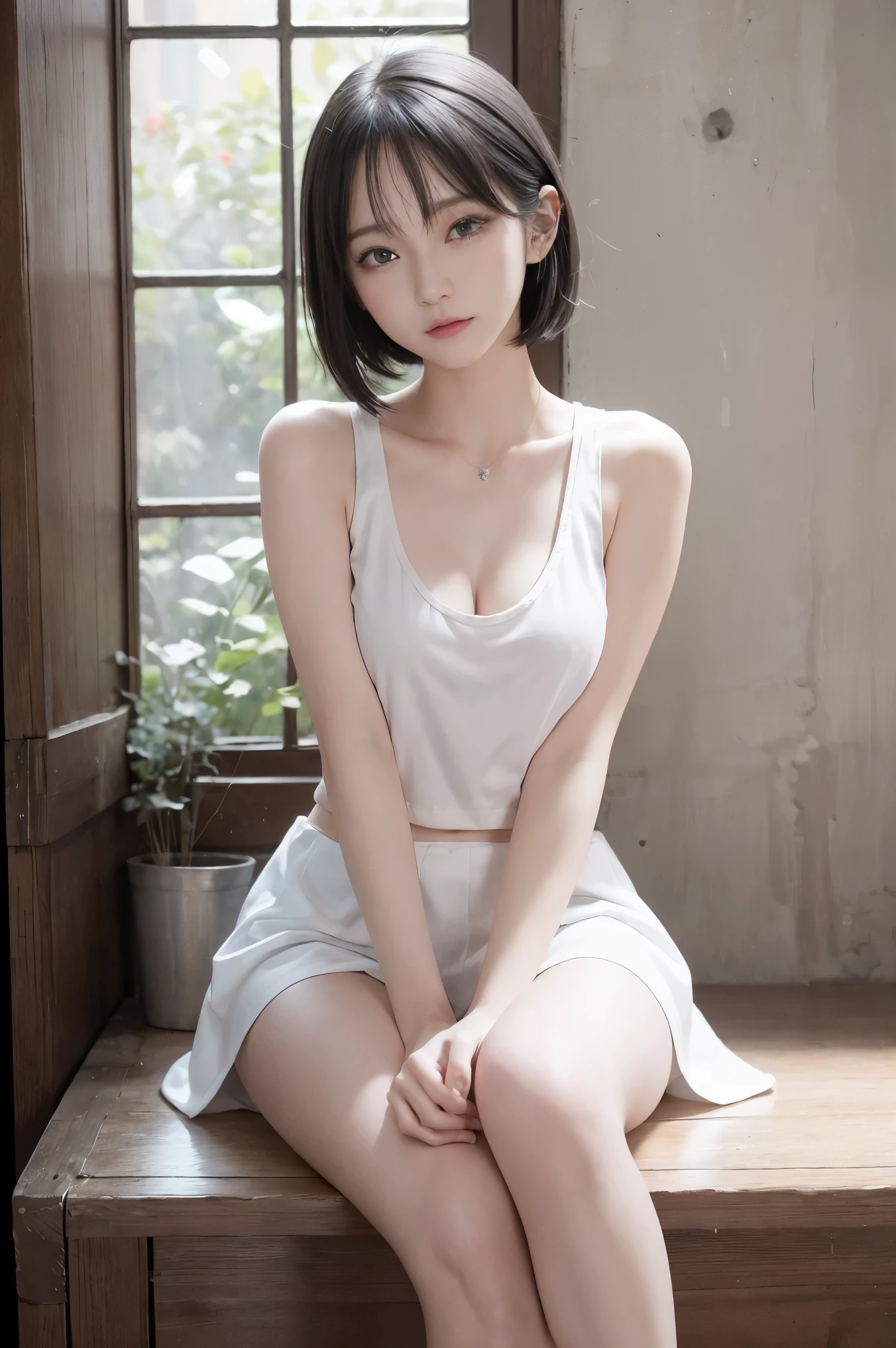 (In 8K、RAW photography、最高品質、masterpiece:1.2)、ultra-detail、ultra res、(Reality、rialistic photos:1.37)、High-resolution RAW colour shooting、Professional Photography、Highly detailed and beautiful.、high-detail、8K Picture Wallpaper、Amazing detail、huge file size、official art、highly detailed CG Unity 8k wallpapers、highly detailed beautiful girl、Ultra-detailed face、Very detailed eyes.、highly detailed skin、Very detailed fingers、highly detailed nose、Very detailed mouthpiece.、perfect anatomy、detailed background、No clothes.、((1person々Strong women and men1person))、(20:1.2)、In her 20s.、Cute s、realistic body、short、Fair-skinned、List of skin、Slim body、dark hair、((Short Hair Hair))、(Bluntbangs: 1.5)、cute face、photorealistic face、delicate eyes、Order the sauce、((Stylish office))、((office lady))、(((no bra)))、(((white lace tank top)))、(()), ((Bite your lower lip.))、((biting lip expression))、((Stand Sports Posture))、((Open the legs))、((Upperbody shot))、耳Nipple Ring、necklace、Contrapo、Dynamic lighting、((D cup with firmness))、Show