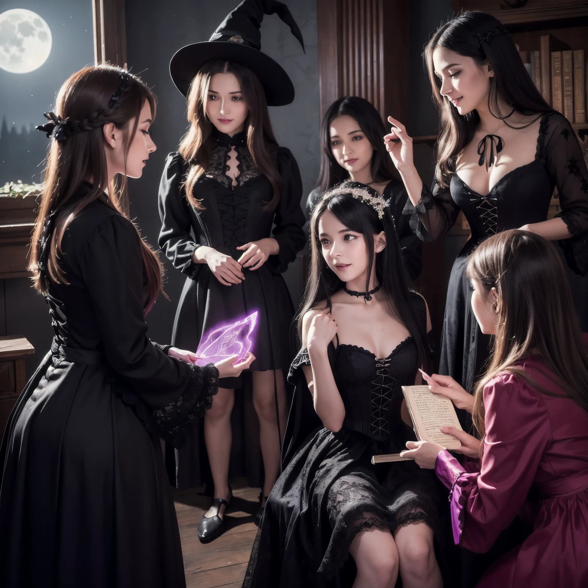 (best quality,4k,8k,highres,masterpiece:1.2),ultra-detailed,(realistic,photorealistic,photo-realistic:1.37), a age boy joins a witch coven and he’s given the gift of femininity, he gets magically transformed into a cute teenwitch girl, sex change ritual, pink eyes, long black hair, is happy, witches are helping dressing up the new girl, she’s happily getting dressed in a stunning black victorian dress, gorgeous dress design,flowing gown,elaborate lace details,rich textures,contrast stitching,delicate ribbon bows,floral accents,full skirt,high neckline,long sleeves,fitted waistline,flared cuffs,lace-up back,luxurious fabrics,flawless silhouette,high heels,pointy hat, magical transformation, detailed facial features, glowing and vibrant pink eyes, flowing and glossy long black hair, happy and excited expression, joyful and radiant vibe, embrace her new identity has a maiden of witchcraft, eager to learn magic, surrounded by a mystical aura, spell books and potions in the background, inside an abandoned castle, moonlit night with a full moon shining above, soft and ethereal lighting, a group of friendly witches welcoming the new girl into the coven, joyful celebration, witches assisting in dressing up the new girl,promptly helps the new girl getting dressed in a stunning black Victorian dress, feminine and elegant movements, a cauldron overflowing with sparkles and magical essence, black and purple hues dominating the color palette, whimsical and enchanting atmosphere, breathtaking and bewitching nature, a sense of empowerment and self-discovery.