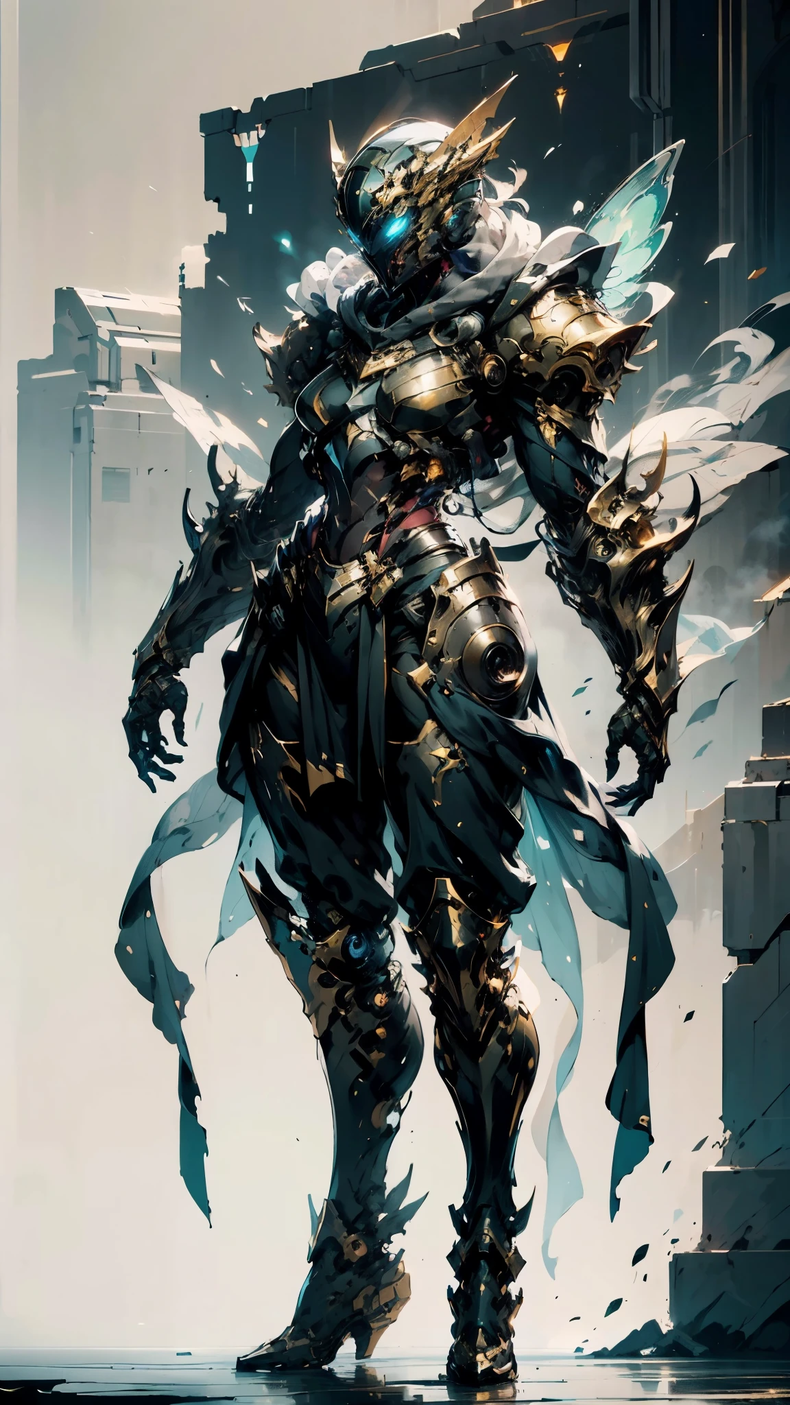 A woman adorned in fantasy-style full-body armor, a crown-concept fully enclosed helmet that unveils only her eyes, a composite layered chest plate, fully encompassing shoulder and hand guards, a lightweight waist armor, form-fitting shin guards, the overall design is heavy-duty yet flexible, (the armor gleams with a golden glow, complemented by red and blue accents), exhibiting a noble aura, she floats above a fantasy-surreal high-tech city, this character embodies a finely crafted fantasy-surreal style armored hero in anime style, exquisite and mature manga art style, (mixture of Queen bee and Spider concept Armor, plasma), ((Element, elegant, goddess, femminine:1.5)), metallic, high definition, best quality, highres, ultra-detailed, ultra-fine painting, extremely delicate, professional, anatomically correct, symmetrical face, extremely detailed eyes and face, high quality eyes, creativity, RAW photo, UHD, 32k, Natural light, cinematic lighting, masterpiece-anatomy-perfect, masterpiece:1.5