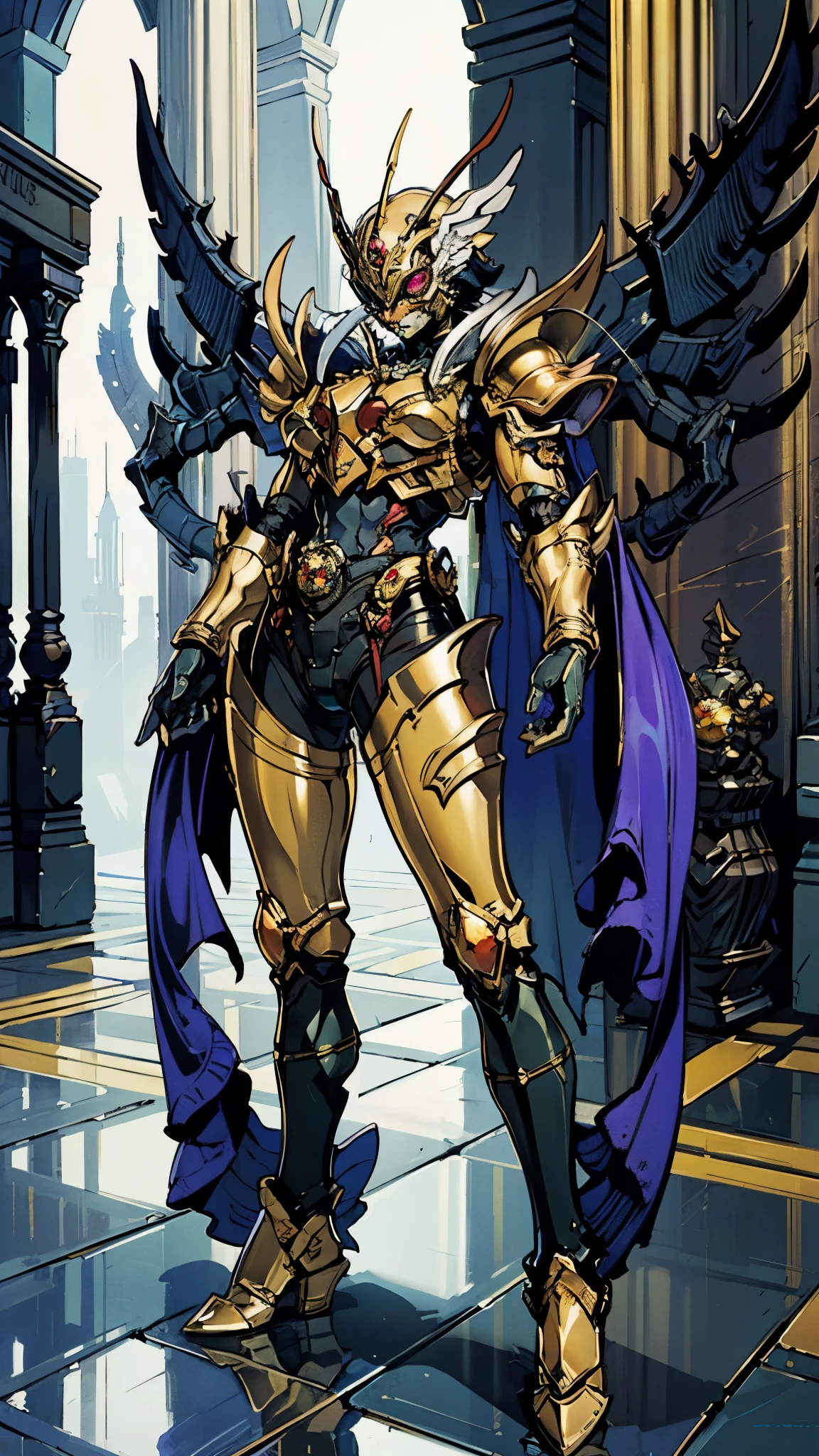 A woman adorned in fantasy-style full-body armor, a crown-concept fully enclosed helmet that unveils only her eyes, a composite layered chest plate, fully encompassing shoulder and hand guards, a lightweight waist armor, form-fitting shin guards, the overall design is heavy-duty yet flexible, (the armor gleams with a golden glow, complemented by red and blue accents), exhibiting a noble aura, she floats above a fantasy-surreal high-tech city, this character embodies a finely crafted fantasy-surreal style armored hero in anime style, exquisite and mature manga art style, (mixture of Queen bee and Spider concept Armor, plasma), ((Element, elegant, goddess, femminine:1.5)), metallic, high definition, best quality, highres, ultra-detailed, ultra-fine painting, extremely delicate, professional, anatomically correct, symmetrical face, extremely detailed eyes and face, high quality eyes, creativity, RAW photo, UHD, 32k, Natural light, cinematic lighting, masterpiece-anatomy-perfect, masterpiece:1.5