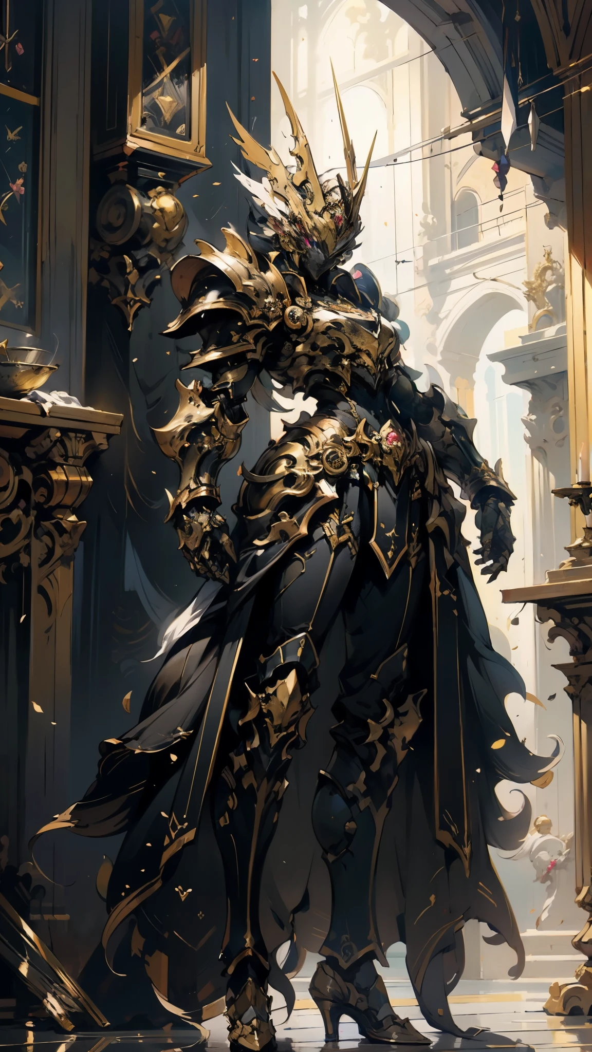 A woman adorned in fantasy-style full-body armor, a crown-concept fully enclosed helmet that unveils only her eyes, a composite layered chest plate, fully encompassing shoulder and hand guards, a lightweight waist armor, form-fitting shin guards, the overall design is heavy-duty yet flexible, (the armor gleams with a golden glow, complemented by red and blue accents), exhibiting a noble aura, she floats above a fantasy-surreal high-tech city, this character embodies a finely crafted fantasy-surreal style armored hero in anime style, exquisite and mature manga art style, (mixture of Queen bee and Spider concept Armor, plasma), ((Element, elegant, goddess, femminine:1.5)), metallic, high definition, best quality, highres, ultra-detailed, ultra-fine painting, extremely delicate, professional, anatomically correct, symmetrical face, extremely detailed eyes and face, high quality eyes, creativity, RAW photo, UHD, 32k, Natural light, cinematic lighting, masterpiece-anatomy-perfect, masterpiece:1.5