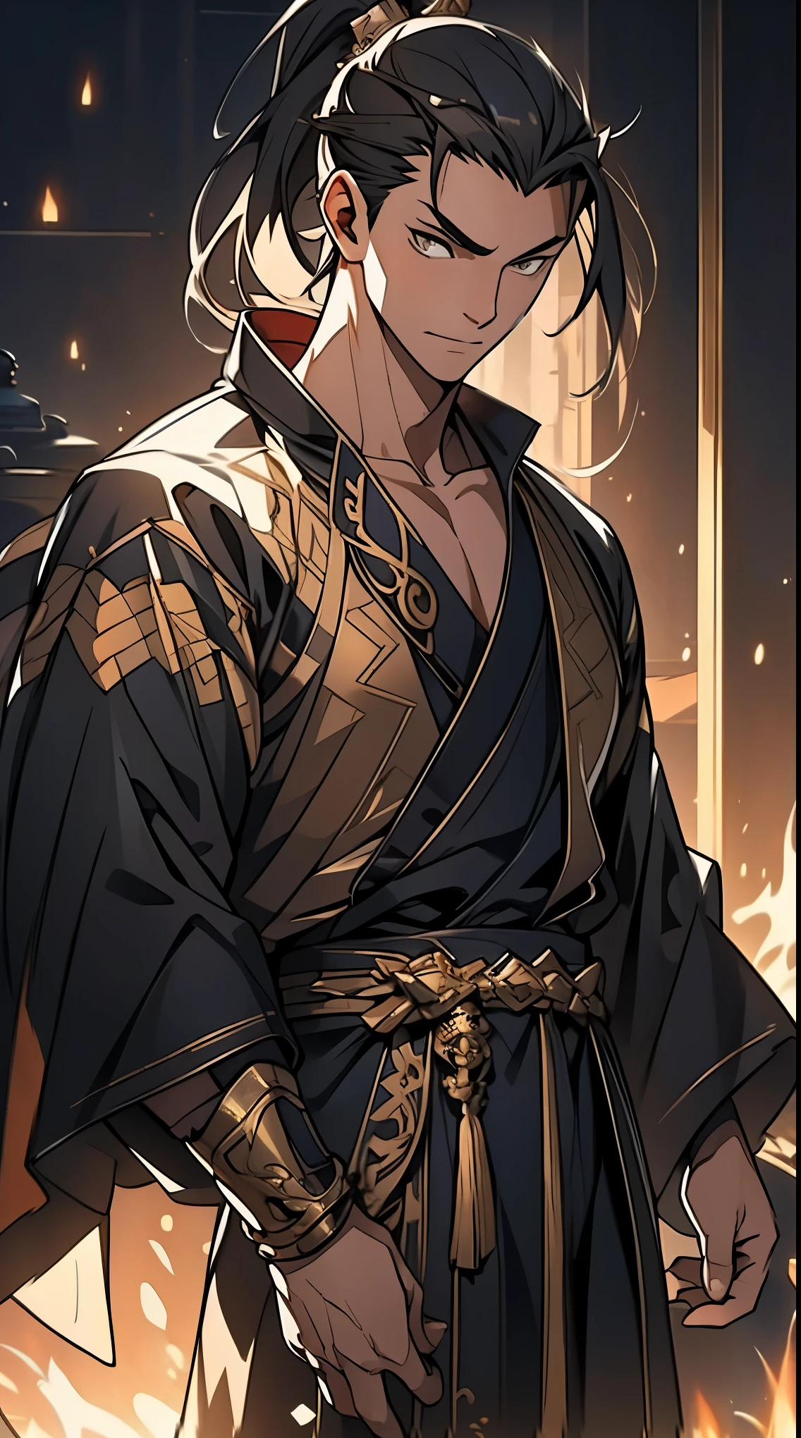 Two dimensions,anime style,one person(male warrior),proportions are correct,facial details,swordsman,high ponytail hairstyle,neck detail,Have an Adam's apple,Black and gold robe,joke,Black and gold robe,clothing details,Hand over,long sleeves,Game quality,fencing,Ray tracing,Ray tracing,Detailed glow,CG rendering,hair details,Long black and blond hair,Black-gold eyes,Handsome,Handsome,(Youthful feeling),Costumes are complicated,Perfect composition,refine,high quality,higher details,many details,Complex background,a sense of atmosphere,