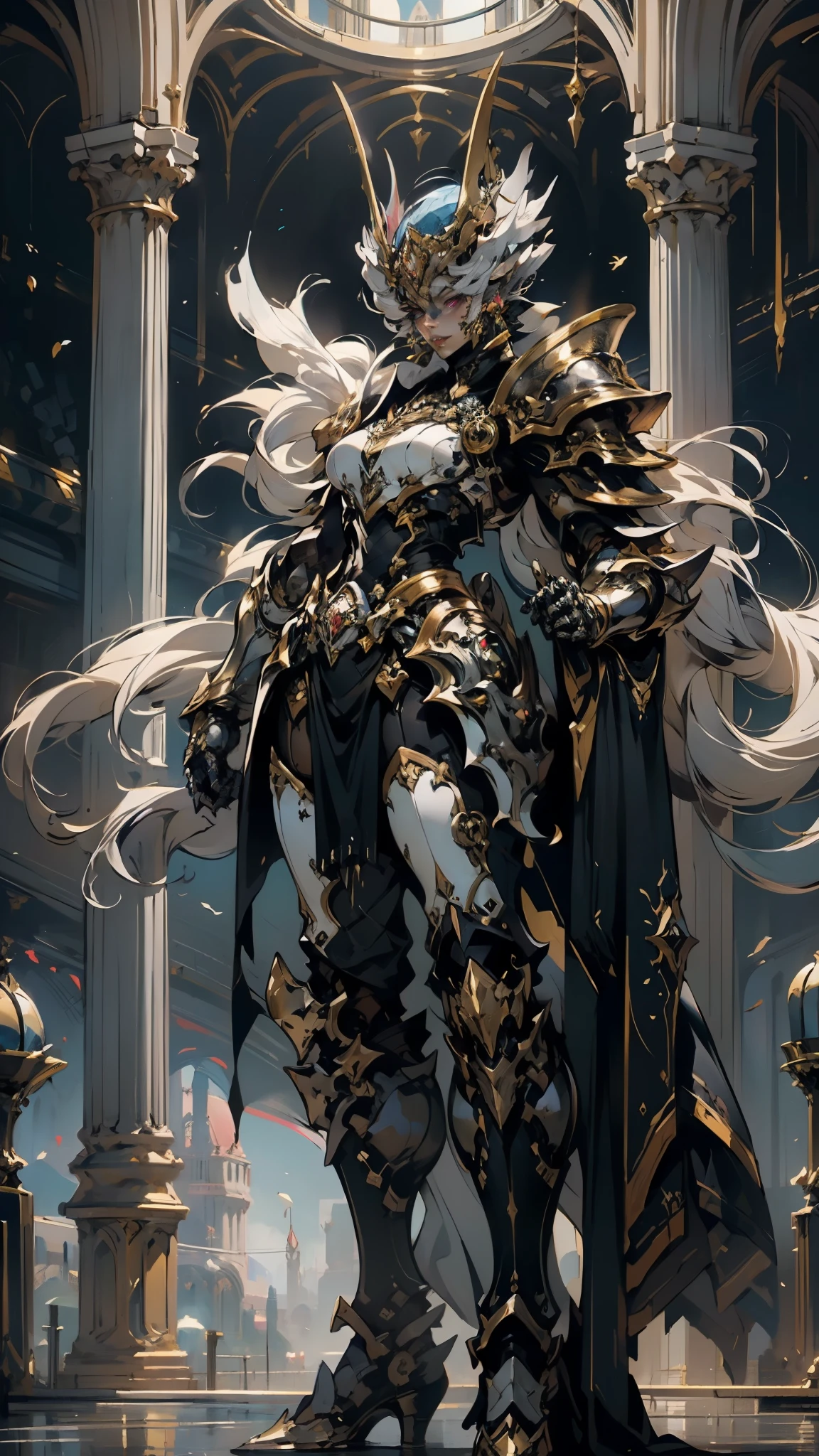 A woman adorned in fantasy-style full-body armor, a crown-concept fully enclosed helmet that unveils only her eyes, a composite layered chest plate, fully encompassing shoulder and hand guards, a lightweight waist armor, form-fitting shin guards, the overall design is heavy-duty yet flexible, (the armor gleams with a golden glow, complemented by red and blue accents), exhibiting a noble aura, she floats above a fantasy-surreal high-tech city, this character embodies a finely crafted fantasy-surreal style armored hero in anime style, exquisite and mature manga art style, (mixture of Queen bee and Spider concept Armor, plasma), ((Element, elegant, goddess, femminine:1.5)), metallic, high definition, best quality, highres, ultra-detailed, ultra-fine painting, extremely delicate, professional, anatomically correct, symmetrical face, extremely detailed eyes and face, high quality eyes, creativity, RAW photo, UHD, 32k, Natural light, cinematic lighting, masterpiece-anatomy-perfect, masterpiece:1.5