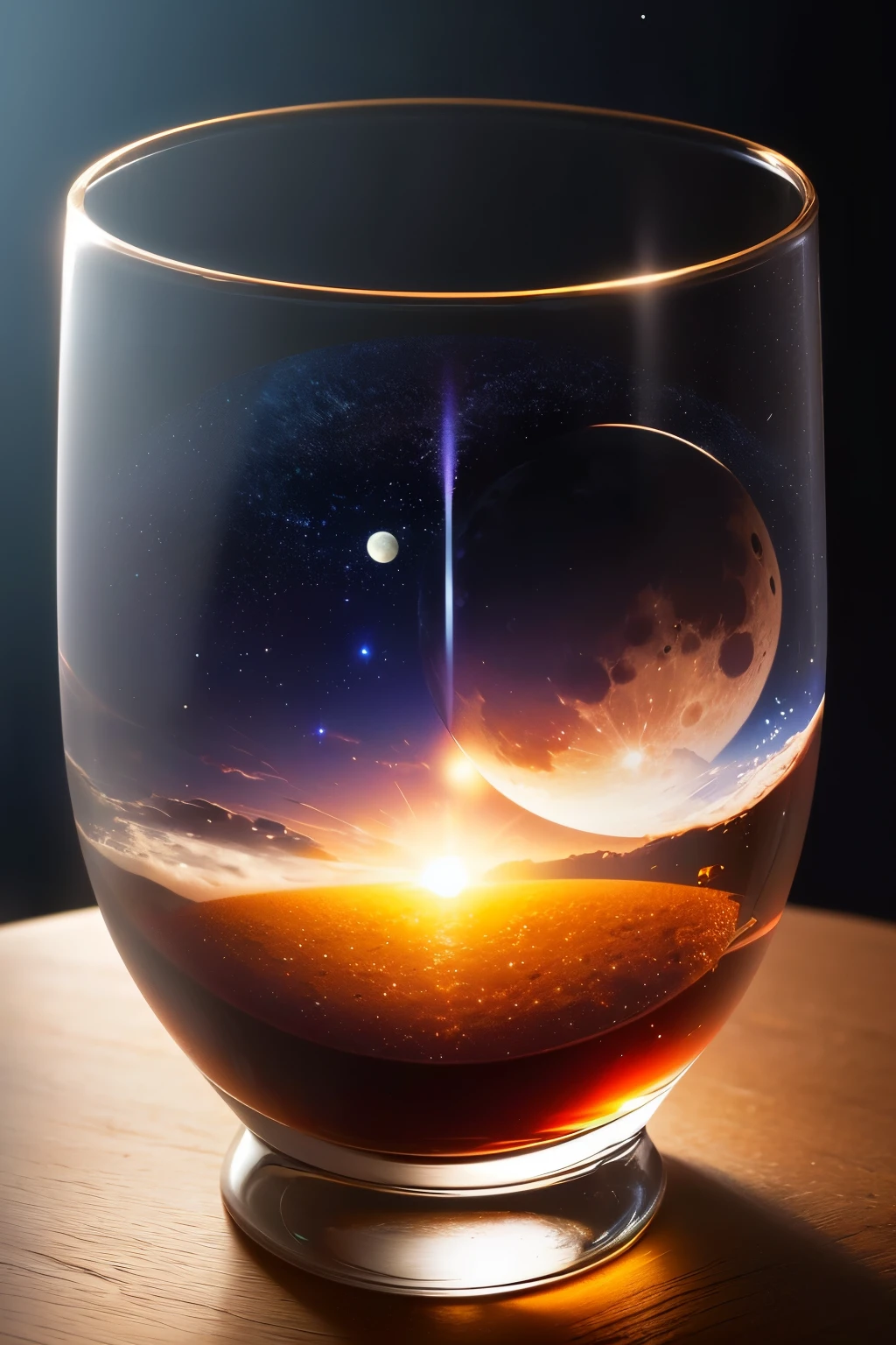 moon in wine glass　The background is space。sun in tumbler