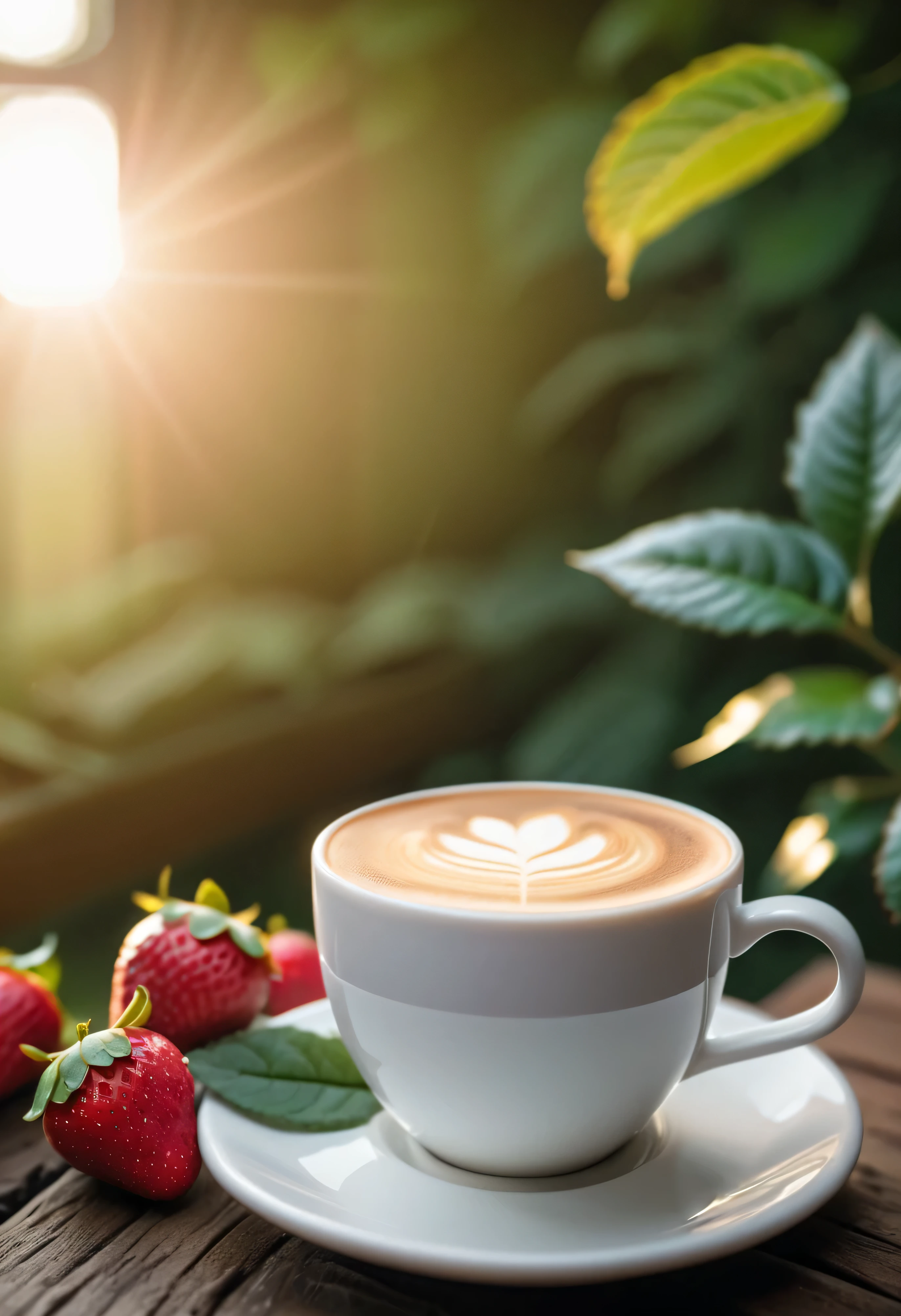 Best still life composition(best quality,4k,8k,high resolution,masterpiece:1.2),super detailed,(actual,photoactual,photo-actual:1.37),latté(clear focus、obvious)There is slight smoke in the white ceramic cup.Artist coffee impression.White sweater with clear texture，Wrinkles arranged randomly..strawberry.Sophisticated and elegant.Flat lay of a bouquet of bright black roses from above(lie flat on the table)..modern style.Fresh coffee beans on a wooden bench next to.core and texture. Freshness and flavor.super detailed.（super quality，super detailed，Ultra-complex，extremely complex）Soft and natural light and shadow.Reverse fragrance.no humans.super wide angle, (Detailed texture),Background covered with film grain, natural soft light,(morning view.warm sunshine in the morning)Ray tracing, Vignetting, Wide-angle lens, super wide angle, best qualitycinematic lighting, depth of field, outer boundary, negative space, Masthead image with mailbox