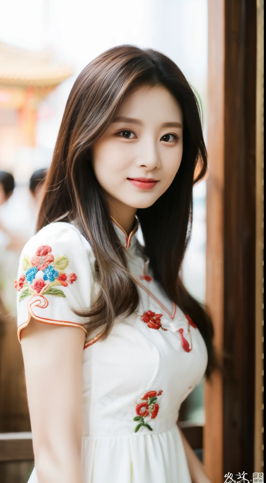 ulzzang-6500-v1.1,(Masterpiece, BestQuality:1.3),(Top image quality,8K:1.3),Realistic high-quality photos,top-quality,Real, Photorealistic, 8K, japanese, Delicate beautiful girl,Very nice atmosphere with sparkling eyes,20yo, Attractive eyes and moist lips,long black hair,(smile:1.3),detailed depiction of the face,Detailed description of facial features ,fine detail,Detailed depiction of hair,My body is bumpy,Detailed depiction of hands,detailed costumes,perfect face,4 fingers and 1 thumb:1.3),orthofacial,choker necklace,ear drops, works of masters,extremely close to reality,(full body photo:1.5),best image quality,best quality,endless details,(((Beautiful patterned embroidered Chinese dress 1.3))),((white cheongsam dress))),(ancient courtyard scene:1.3),laughter, small of the waist, sexy pose,bold pose, Beautiful legs visible through the slit of a long skirt, big and full breasts, neatly tied hair