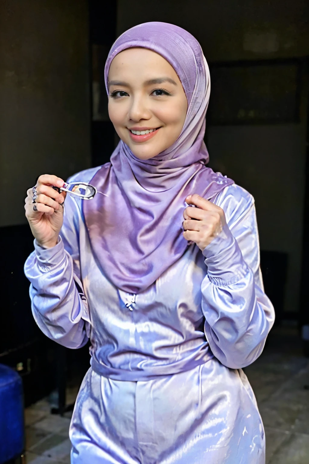 matured malay woman in hijab wear pink satin bra and panties sleeping in bed portrait photography, lying in bed naked, mid shot photo, ultra detail, professional photograph with professional lighting, smile, light blue bed, bedroom, sexy seducing sleep pose, slim,