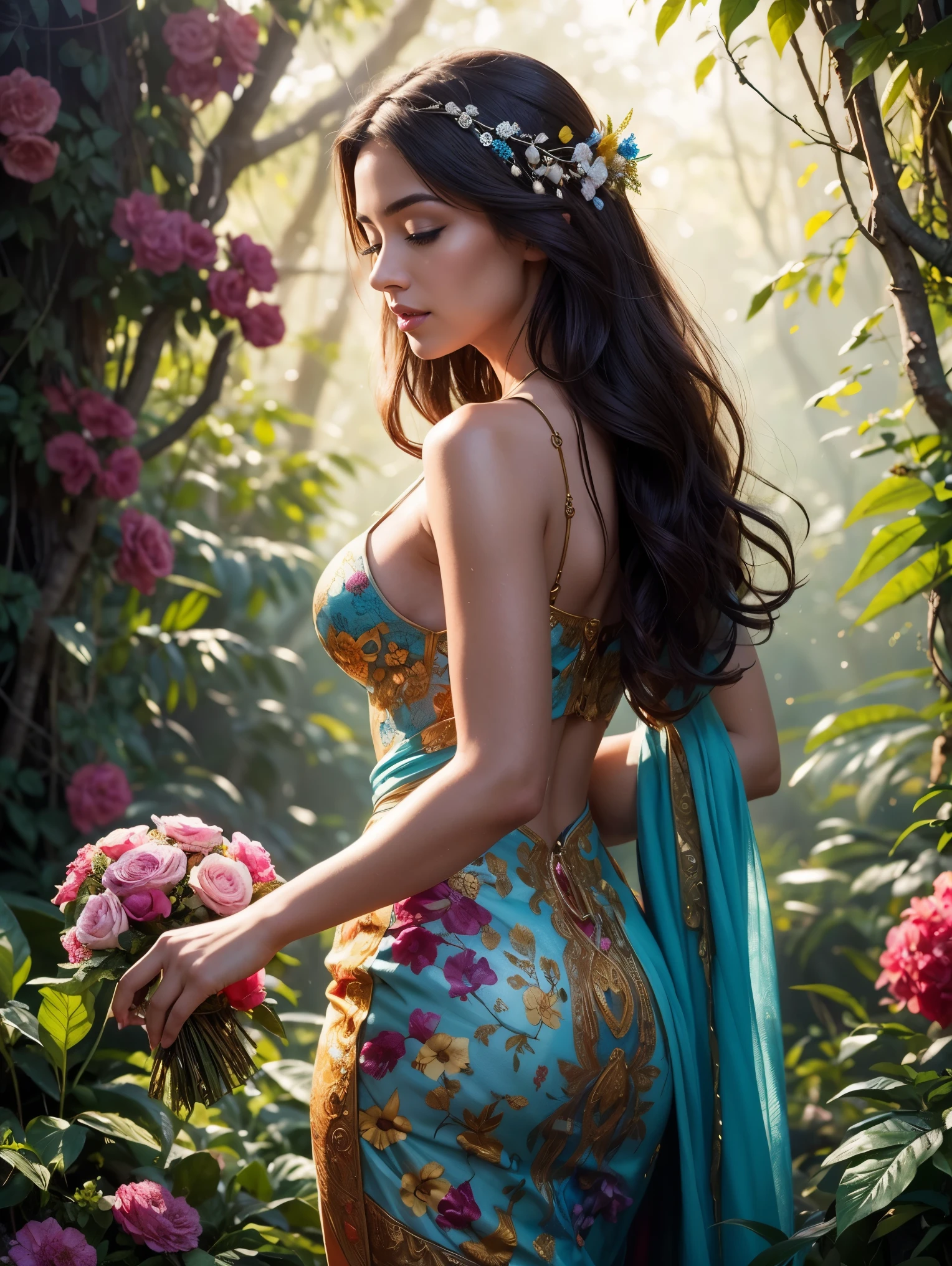 A woman in a blue dress standing in a garden with flowers - SeaArt AI