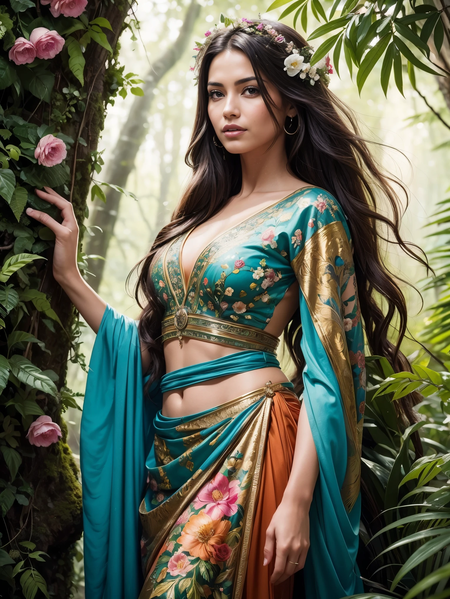 Vibrant, colorful, and detailed painting of a woman representing nature. She is standing in a lush forest, surrounded by flowers, trees, and animals. The woman's hair is long and flowing, and her skin is radiant. She is wearing a flowing gown made of leaves and flowers. The painting is full of symbolism, and the woman's beauty represents the beauty of nature. The painting is a celebration of the feminine and the natural world.

Additional details:
The woman's eyes should be closed, and she should have a peaceful expression on her face.
The colors should be bright and saturated.
The painting should be full of movement and energy. oil painting with visible brush strokes, cinematic, epic realism,8K, highly detailed 