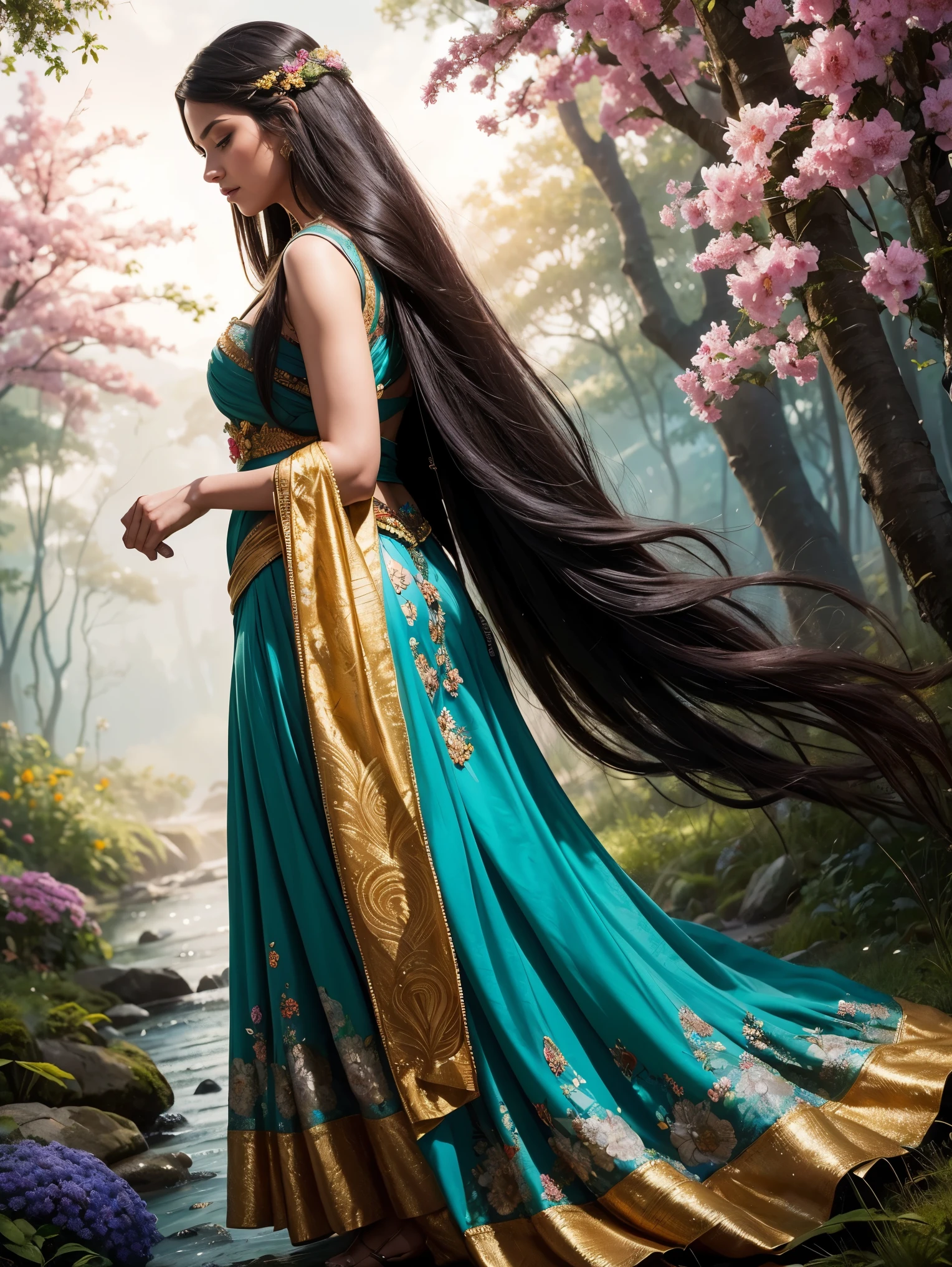 Vibrant, colorful, and detailed painting of a woman representing nature. She is standing in a lush forest, surrounded by flowers, trees, and animals. The woman's hair is long and flowing, and her skin is radiant. She is wearing a flowing gown made of leaves and flowers. The painting is full of symbolism, and the woman's beauty represents the beauty of nature. The painting is a celebration of the feminine and the natural world.

Additional details:
The woman's eyes should be closed, and she should have a peaceful expression on her face.
The colors should be bright and saturated.
The painting should be full of movement and energy. oil painting with visible brush strokes, cinematic, epic realism,8K, highly detailed 