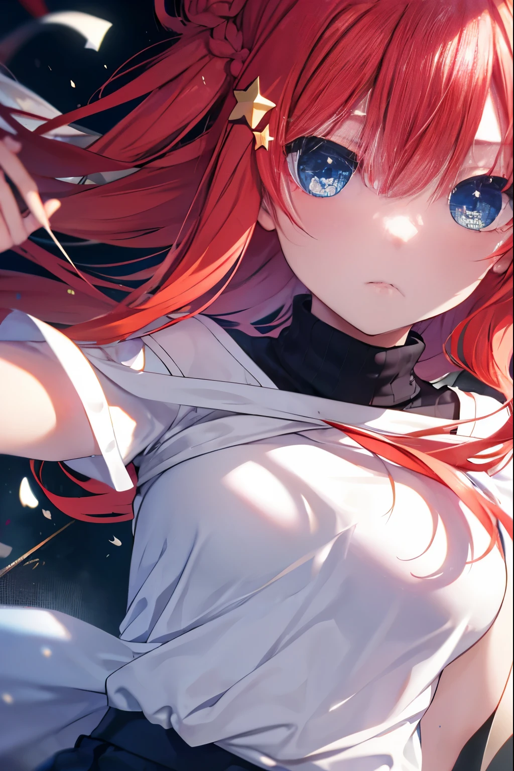 itsukinakano, Itsuki Nakano, bangs, blue eyes, hair between eyes, Ahoge, redhead, star \(symbol\), hair ornaments, star hair ornaments,white turtleneck and white miniskirt,, flowing fabric, close, Shoulder length hair and short braids, ,hair blowing in the wind, Beautiful red hair, Peeping angle,
break outdoors, Destroy the park (masterpiece:1.2), highest quality, High resolution, unity 8k wallpaper, (figure:0.8), (detailed and beautiful eyes:1.6), highly detailed face, perfect lighting, Very detailed CG, (perfect hands, perfect anatomy),