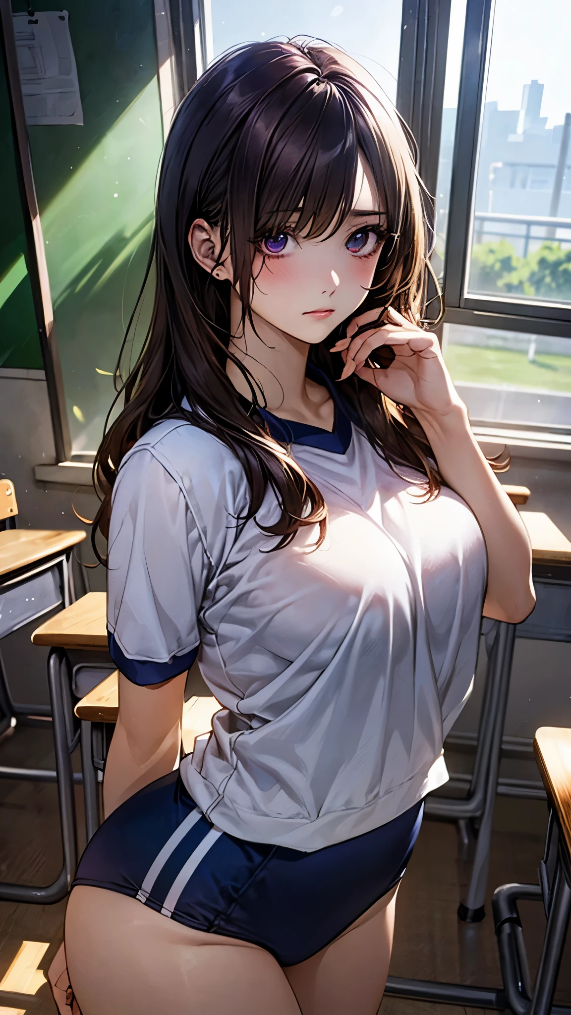 (masterpiece:1.2, top-quality), (realistic, photorealistic:1.4), beautiful illustration, (natural side lighting, movie lighting), nsfw, 
looking at viewer, face focus, upper body, 1 girl, japanese, high school girl, perfect face, cute and symmetrical face, shiny skin, 
(long hair:1.5, straight hair:1.4, dark purple hair), hair over one eye, dark purple, long eye lasher, (large breasts, seductive thighs, big ass), nipple hardening, slender, 
beautiful hair, beautiful face, beautiful detailed eyes, beautiful clavicle, beautiful body, beautiful chest, beautiful thigh, beautiful legs, beautiful fingers, 
((navy gym uniform, navy buruma)), 
(beautiful scenery), evening, (school class room), school desk, school chair, window, curtains, blackboard, standing, (sad),