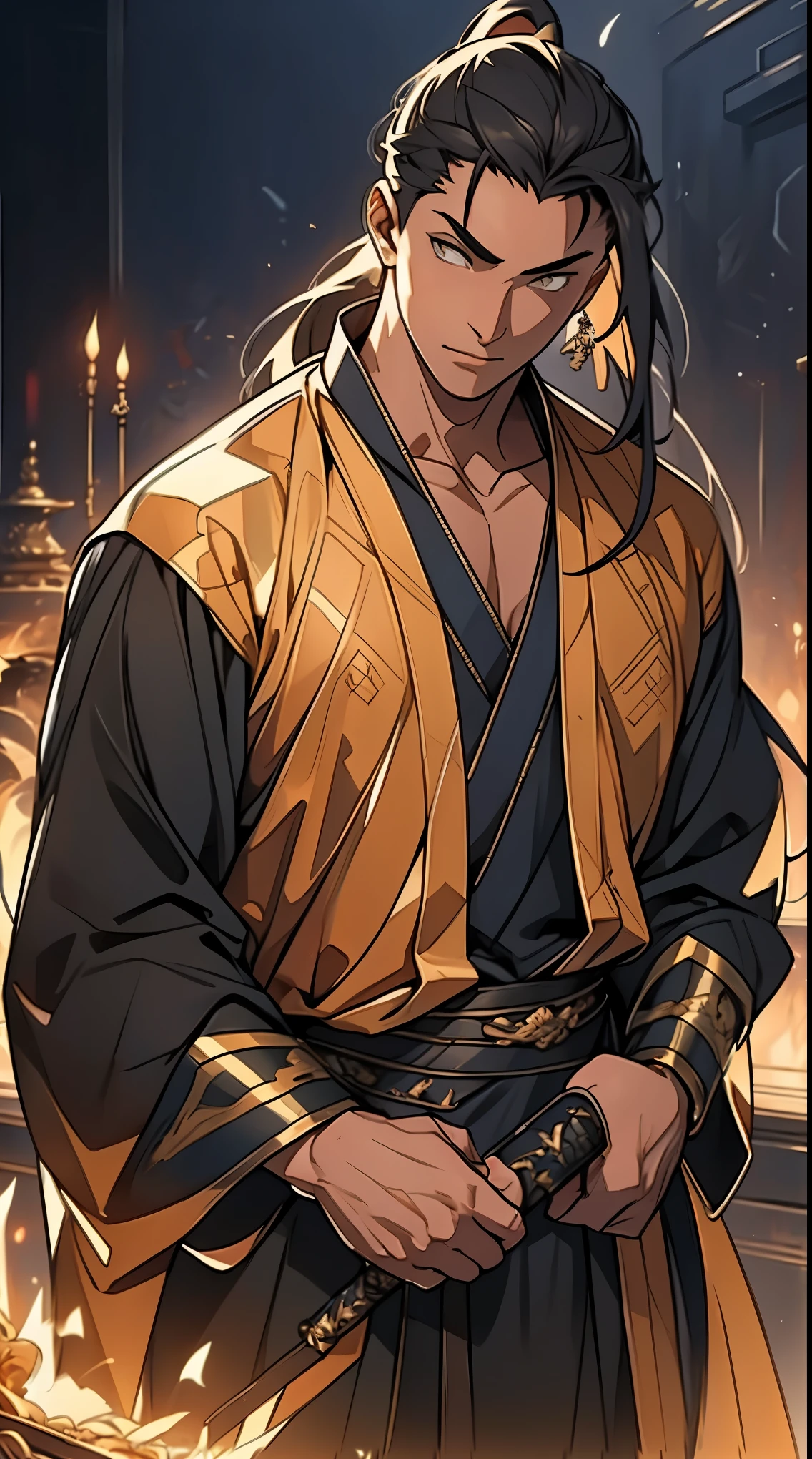 Two dimensions，anime style，one person（male warrior），proportions are correct，facial details，swordsman，high ponytail hairstyle，neck detail，Have an Adam&#39;s apple，Black and gold robe，joke，Black and gold robe，clothing details，Hand over，long sleeves，Game quality，fencing，Ray tracing，Ray tracing，Detailed glow，CG rendering，hair details，Long black and blond hair，Black-gold eyes，Handsome，Handsome，（Youthful feeling），Costumes are complicated，Perfect composition，refine，high quality，higher details，many details，Complex background，a sense of atmosphere，