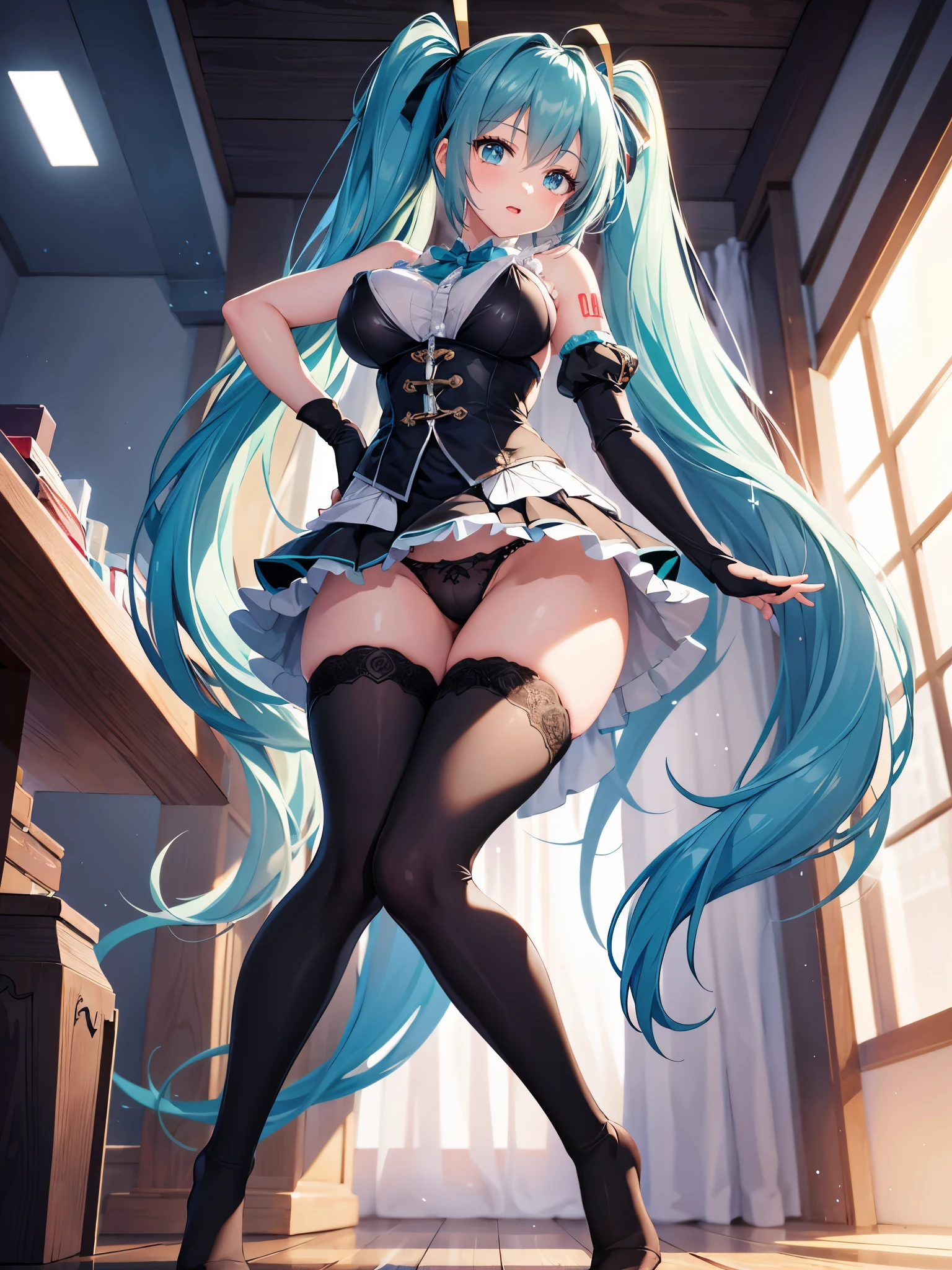(1 girl),(high quality), (High resolution), (extremely detailed), (8K),(focus on lower body),(CG)、Magic Knight、transparent costume、Magic Mentor、sexy panties、(black knee high stockings:1.2)、(nipple shape)、No shoes、neutral white lighting,sexy pose、showing panties、Hatsune Miku
