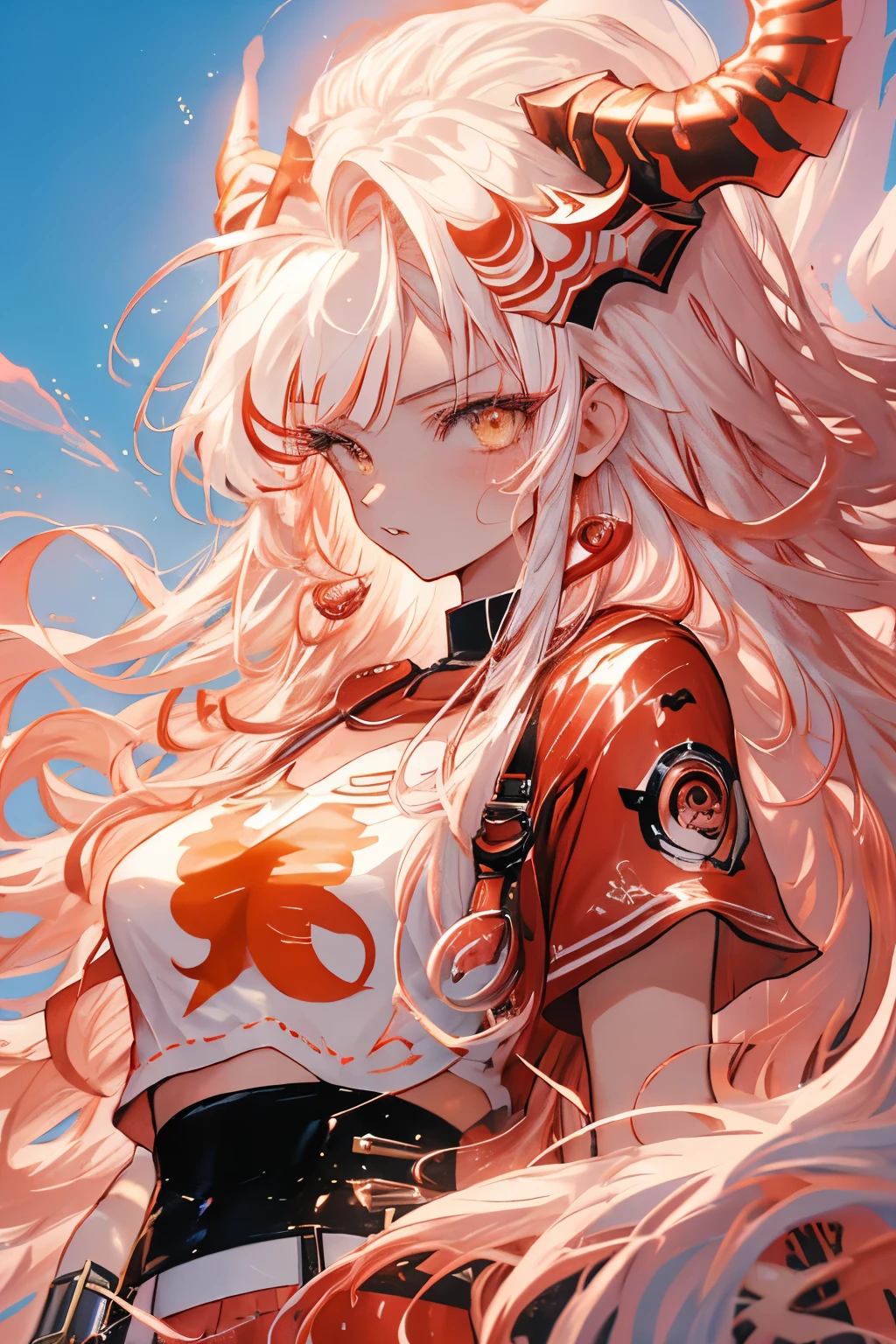 Niji Style anime image of a color red waifu, long white hair, have horns, yellow eyes, wearing a croptop nun leather outfit, massive breast, she was leaning at a motorbike , sound wave background , dynamic colors, dynamic pose, kawaii style by naoko takeuchi, retro art style, 90s anime, manga style by rumiko takahashi, art by artgerm, in the style of angelic photograph, 32k uhd, cross-processing/processed, close up, dignified poses, aurorapunk, precise and sharp, 