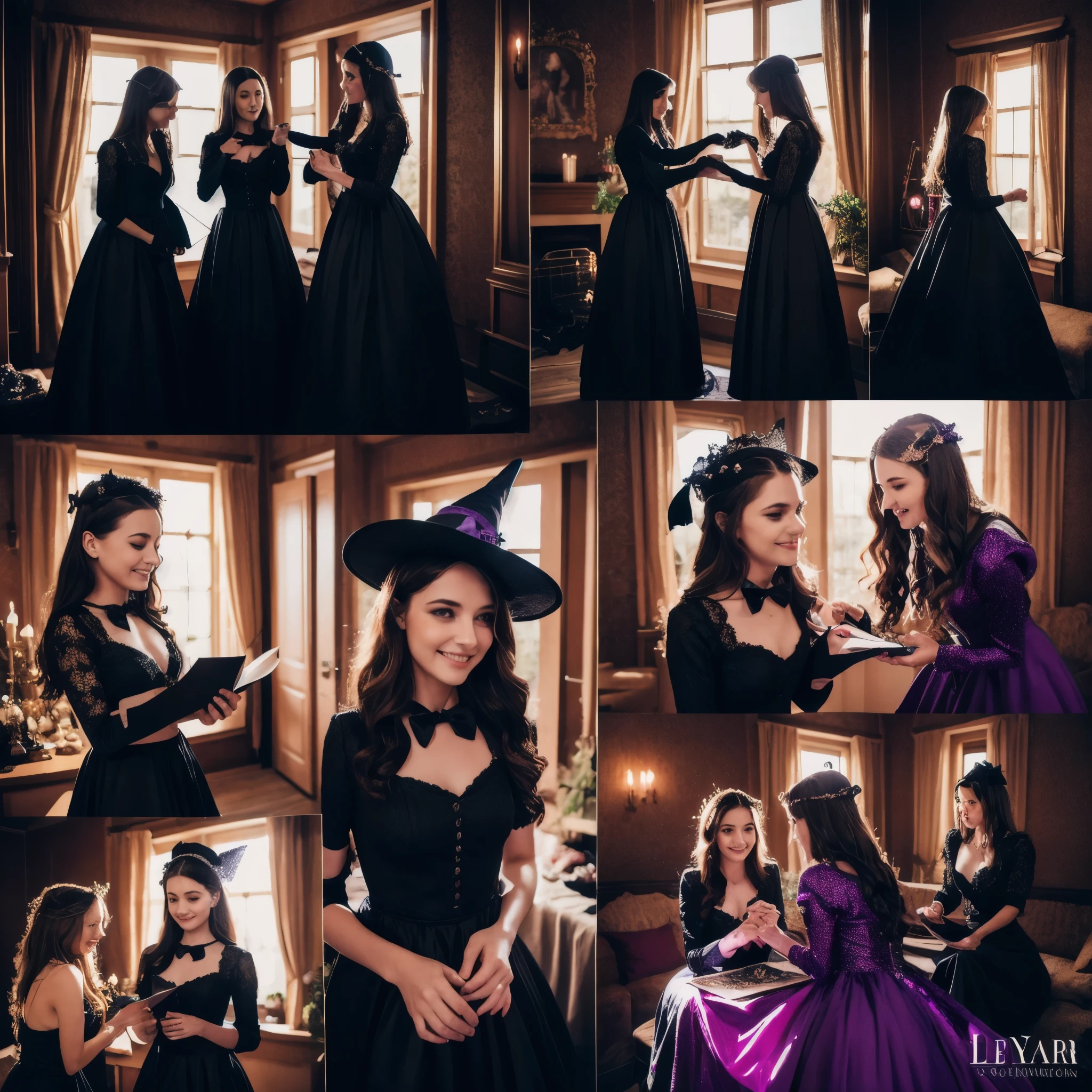 (best quality,4k,8k,highres,masterpiece:1.2),ultra-detailed,(realistic,photorealistic,photo-realistic:1.37), a teenage boy joins a witch coven and he’s given the gift of femininity, he gets magically transformed into a cute teenage witch girl, sex change ritual, pink eyes, long black hair, is happy, witches are helping dressing up the new girl, she’s happily getting dressed in a stunning black victorian dress, gorgeous dress design,flowing gown,elaborate lace details,rich textures,contrast stitching,delicate ribbon bows,floral accents,full skirt,high neckline,long sleeves,fitted waistline,flared cuffs,lace-up back,luxurious fabrics,flawless silhouette,high heels,pointy hat, magical transformation, detailed facial features, glowing and vibrant pink eyes, flowing and glossy long black hair, happy and excited expression, joyful and radiant vibe, embrace her new identity has a maiden of witchcraft, eager to learn magic, surrounded by a mystical aura, spell books and potions in the background, inside an abandoned castle, moonlit night with a full moon shining above, soft and ethereal lighting, a group of friendly witches welcoming the new girl into the coven, joyful celebration, witches assisting in dressing up the new girl,promptly helps the new girl getting dressed in a stunning black Victorian dress, feminine and elegant movements, a cauldron overflowing with sparkles and magical essence, black and purple hues dominating the color palette, whimsical and enchanting atmosphere, breathtaking and bewitching nature, a sense of empowerment and self-discovery.