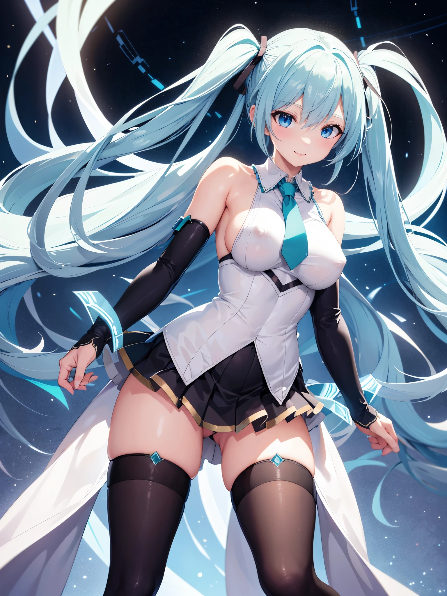(1 girl),(high quality), (High resolution), (extremely detailed), (8K),(focus on lower body),(CG)、Magic Knight、transparent costume、Magic Mentor、sexy panties、(black knee high stockings:1.2)、(nipple shape)、No shoes、neutral white lighting,sexy pose、showing panties、Hatsune Miku