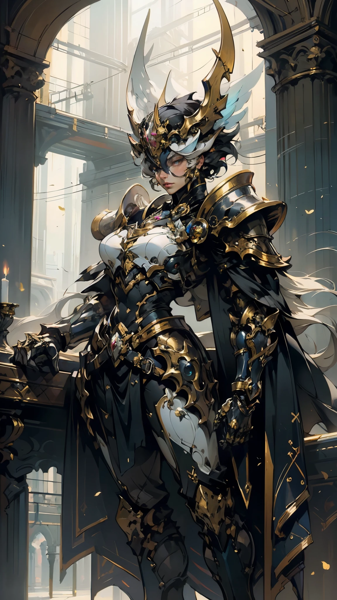 A woman adorned in fantasy-style full-body armor, a crown-concept fully enclosed helmet that unveils only her eyes, a composite layered chest plate, fully encompassing shoulder and hand guards, a lightweight waist armor, form-fitting shin guards, the overall design is heavy-duty yet flexible, (the armor gleams with a golden glow, complemented by red and blue accents), exhibiting a noble aura, she floats above a fantasy-surreal high-tech city, this character embodies a finely crafted fantasy-surreal style armored hero in anime style, exquisite and mature manga art style, (mixture of Queen bee and Spider concept Armor, plasma), ((Element, elegant, goddess, femminine:1.5)), metallic, high definition, best quality, highres, ultra-detailed, ultra-fine painting, extremely delicate, professional, anatomically correct, symmetrical face, extremely detailed eyes and face, high quality eyes, creativity, RAW photo, UHD, 32k, Natural light, cinematic lighting, masterpiece-anatomy-perfect, masterpiece:1.5