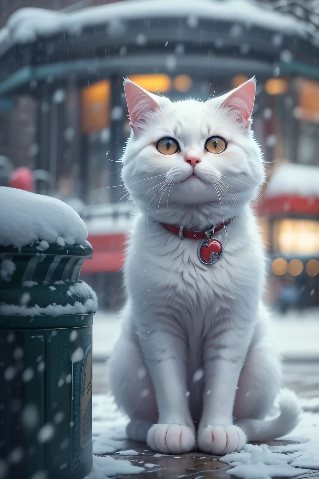 snow day, A cute cat with round eyes is waiting for you at the bus stop, Street view, It's snowing, No umbrellas.