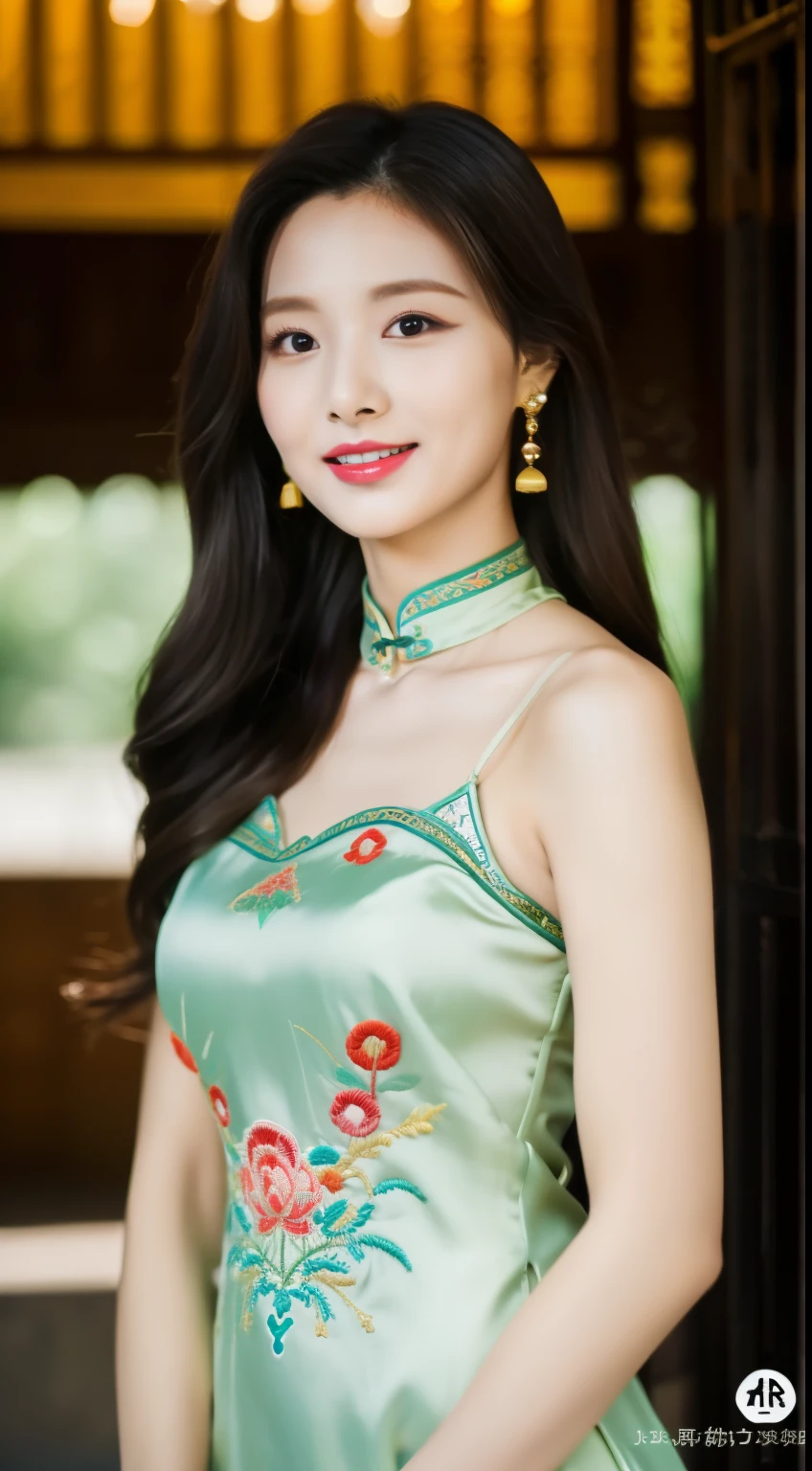 ulzzang-6500-v1.1,(Masterpiece, BestQuality:1.3),(Top image quality,8K:1.3),Realistic high-quality photos,top-quality,Real, Photorealistic, 8K, japanese, Delicate beautiful girl,Very nice atmosphere with sparkling eyes,20yo, Attractive eyes and moist lips,long black hair,(smile:1.3),detailed depiction of the face,Detailed description of facial features ,fine detail,Detailed depiction of hair,My body is bumpy,Detailed depiction of hands,detailed costumes,perfect face,4 fingers and 1 thumb:1.3),orthofacial,choker necklace,ear drops, works of masters,extremely close to reality,(full body photo:1.5),best image quality,best quality,endless details,(((Beautiful patterned embroidered Chinese dress 1.3))),((green silk cheongsam))),(ancient courtyard scene:1.3),laughter, small of the waist, sexy pose,bold pose, Beautiful legs visible through the slit of a long skirt, big and full breasts, neatly tied hair