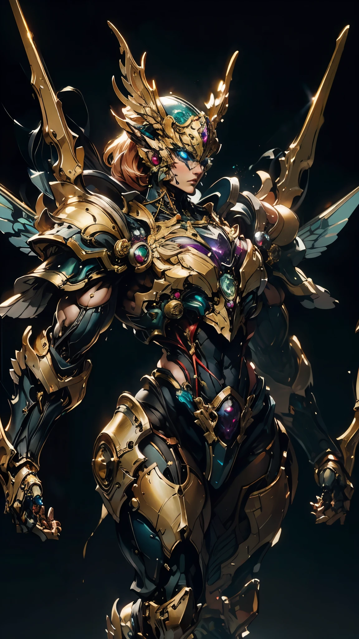 A woman adorned in fantasy-style full-body armor, a crown-concept fully enclosed helmet that unveils only her eyes, a composite layered chest plate, fully encompassing shoulder and hand guards, a lightweight waist armor, form-fitting shin guards, the overall design is heavy-duty yet flexible, (the armor gleams with a golden glow, complemented by red and blue accents), exhibiting a noble aura, she floats above a fantasy-surreal high-tech city, this character embodies a finely crafted fantasy-surreal style armored hero in anime style, exquisite and mature manga art style, (mixture of Queen bee and Spider concept Armor, plasma), ((Element, elegant, goddess, femminine:1.5)), metallic, high definition, best quality, highres, ultra-detailed, ultra-fine painting, extremely delicate, professional, anatomically correct, symmetrical face, extremely detailed eyes and face, high quality eyes, creativity, RAW photo, UHD, 32k, Natural light, cinematic lighting, masterpiece-anatomy-perfect, masterpiece:1.5