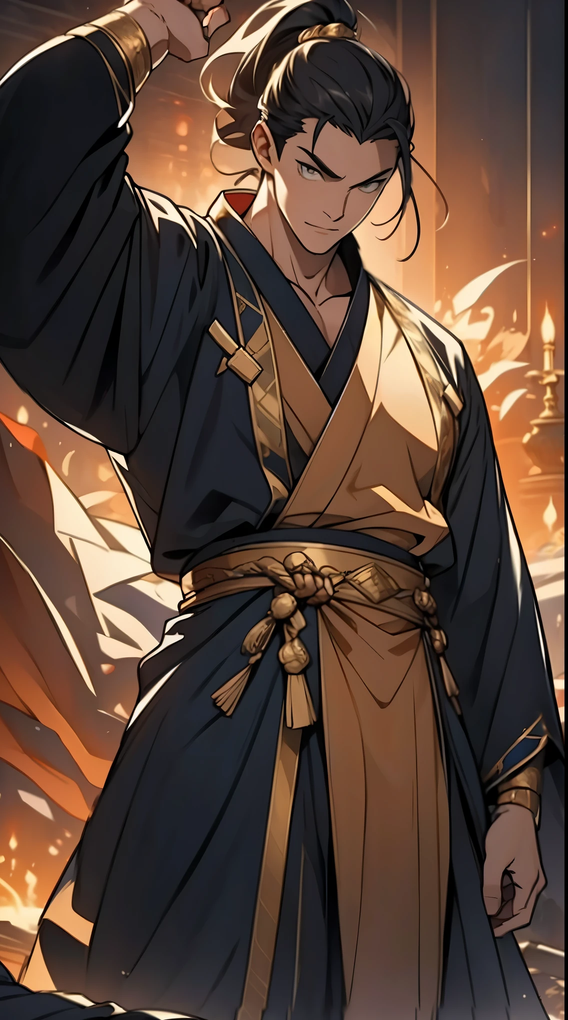 Two dimensions，anime style，one person（male warrior），proportions are correct，facial details，swordsman，high ponytail hairstyle，neck detail，Have an Adam&#39;s apple，Black and gold robe，joke，Black and gold robe，clothing details，Hand over，long sleeves，Game quality，fencing，Ray tracing，Ray tracing，Detailed glow，CG rendering，hair details，Long black and blond hair，Black-gold eyes，Handsome，Handsome，（Youthful feeling），Costumes are complicated，Perfect composition，refine，high quality，higher details，many details，Complex background，a sense of atmosphere，