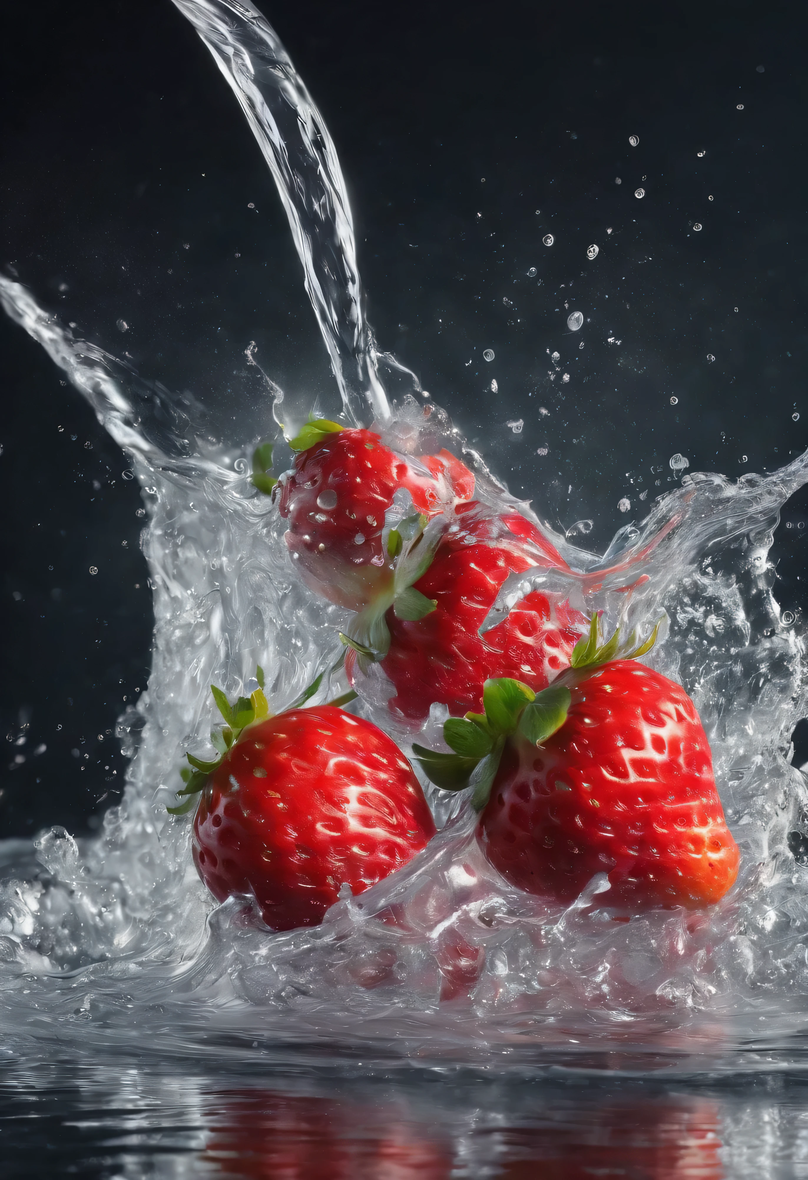 Cinematic RAW photos,Super real photos,Super real photos,digital monocular,柔和的Light,Product photo of 5 strawberries falling into water、dripping water、splash出透明液体、splash,dynamic combination,(main part) (best quality) (detailed) (Light) (sharp focus) (complicated), main part, best quality, ultra high resolution, 8K Ultra HD