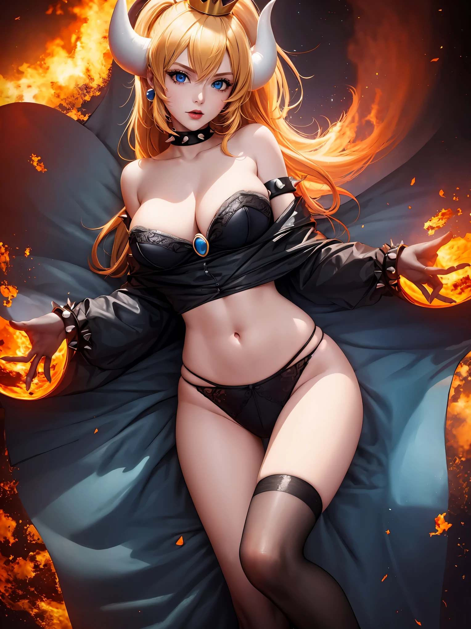 ((high detailed, best quality, 4k, masterpiece, hd:1.3)), ((best quality)), (((HD))), (((8k))), (ultraDH), (ultra HD), Princess Daisy, blue eyes, BREAK blue eyes, seductive, attractive, smooth anime cg art, 36C breasts, long legs, vivid colors, detailed digital art, slim body, perfect skin, dark blonde hair, long hair, blonde hair, blonde hair, BREAK crown, cleavage, 36C cleavage, looking at viewer, BREAK looking at viewer, extremely detailed face, red santa suit, red santa claus suit, santa claus suit, earrings, gem, dark black makeup lips, dark gothic eyeshadows, dark eyeshadows, black eyeshadows, black sexy lips, black lips, (dark:1.2), dark lips, very dark lips, (perfect hands, perfect anatomy), black makeup, black medium lips, black thick lips, detailed fingers, five fingers per hand, 5 fingers, (1 girl), detailed lips, detailed black lips, black painted lips, gothic painted lips, BREAK night, night sky, (breast focus), (arms outstreched:1.2), (from above:1.1), (breasts out:1.3), (off shoulder:1.1), (white horns), (bra), inside a lava castle, she inside a sea of lava, she bathing in lava, full body, perfect long legs, perfect foots, legs and foots into the lava,