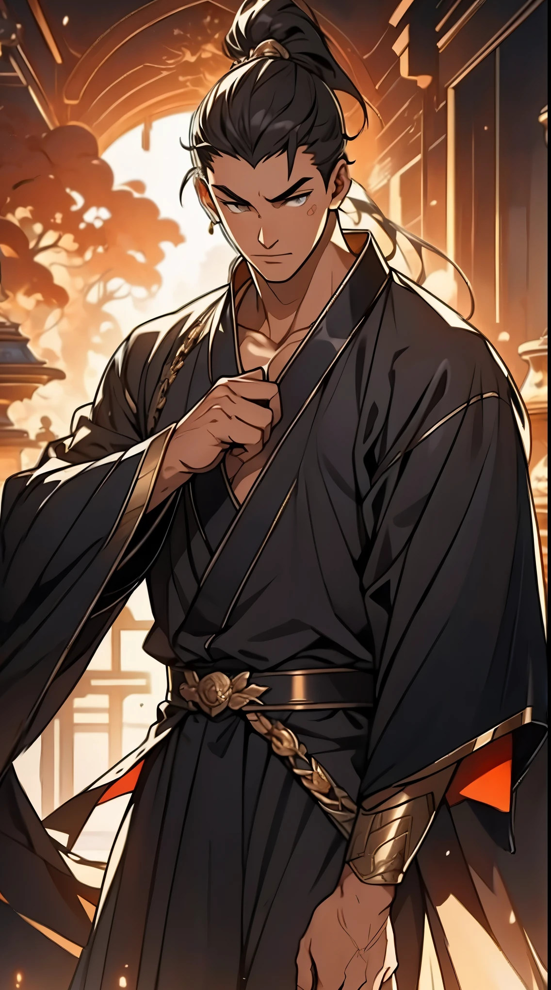 Two dimensions，anime style，one person（male warrior），proportions are correct，facial details，swordsman，high ponytail hairstyle，neck detail，Have an Adam&#39;s apple，Black and gold robe，joke，Black and gold robe，clothing details，Hand over，long sleeves，Game quality，fencing，Ray tracing，Ray tracing，Detailed glow，CG rendering，hair details，Long black and blond hair，Black-gold eyes，Handsome，Handsome，（Youthful feeling），Costumes are complicated，Perfect composition，refine，high quality，higher details，many details，Complex background，a sense of atmosphere，