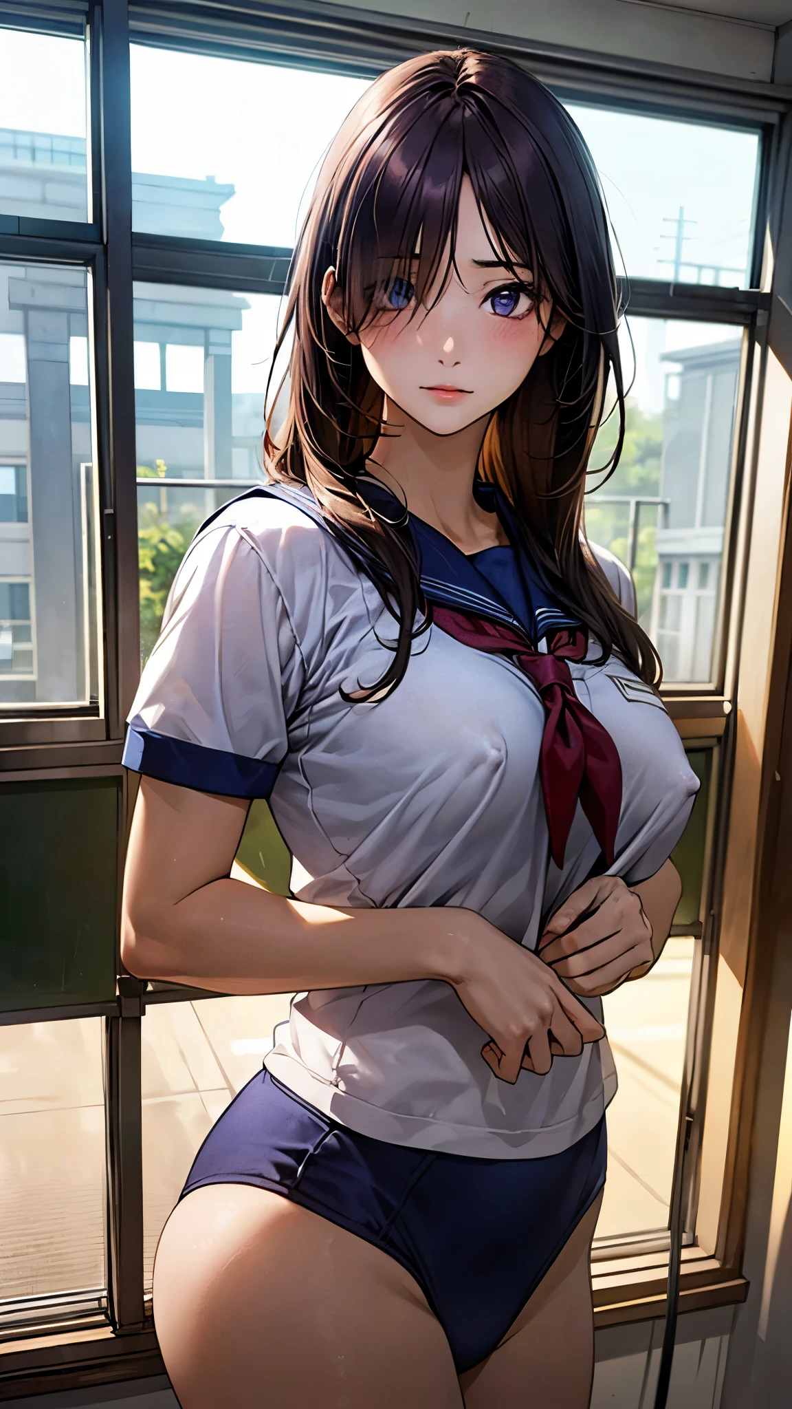 (masterpiece:1.2, top-quality), (realistic, photorealistic:1.4), beautiful illustration, (natural side lighting, movie lighting), nsfw,
looking at viewer, face focus, upper body, 1 girl, japanese, high school girl, perfect face, cute and symmetrical face, shiny skin,
(long hair:1.5, straight hair:1.4, dark purple hair), hair over one eye, dark purple, long eye lasher, (large breasts, seductive thighs, big ass), nipple hardening, slender,
beautiful hair, beautiful face, beautiful detailed eyes, beautiful clavicle, beautiful body, beautiful chest, beautiful thigh, beautiful legs, beautiful fingers,
((navy school gym uniform, navy school buruma)),
(beautiful scenery), evening, (school class room), school desk, school chair, window, curtains, blackboard, standing, (sad),