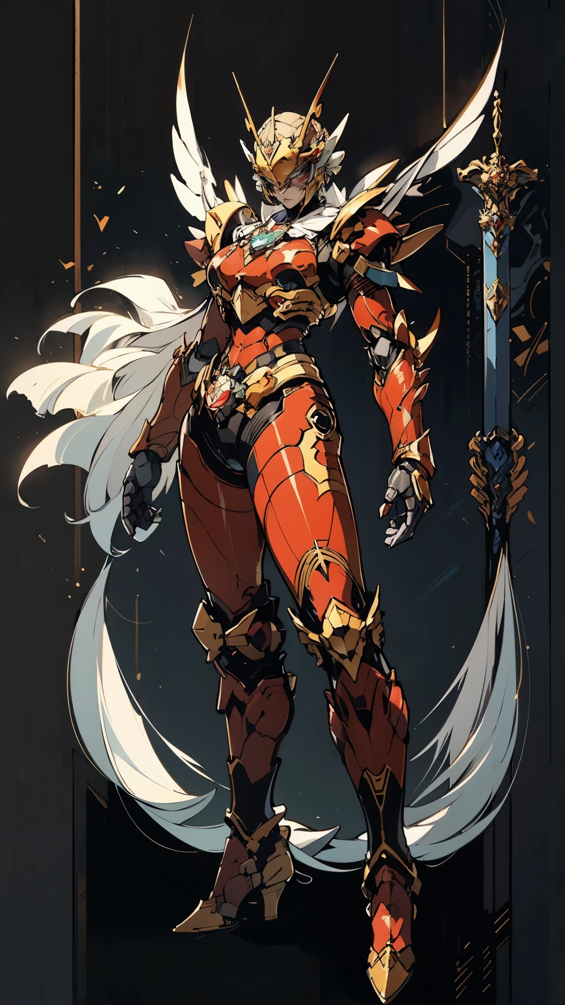 A woman adorned in fantasy-style full-body armor, a crown-concept fully enclosed helmet that unveils only her eyes, a composite layered chest plate, fully encompassing shoulder and hand guards, a lightweight waist armor, form-fitting shin guards, the overall design is heavy-duty yet flexible, (the armor gleams with a golden glow, complemented by red and blue accents), exhibiting a noble aura, she floats above a fantasy-surreal high-tech city, this character embodies a finely crafted fantasy-surreal style armored hero in anime style, exquisite and mature manga art style, (mixture of Queen bee and Spider concept Armor, plasma), ((Element, elegant, goddess, femminine:1.5)), metallic, high definition, best quality, highres, ultra-detailed, ultra-fine painting, extremely delicate, professional, anatomically correct, symmetrical face, extremely detailed eyes and face, high quality eyes, creativity, RAW photo, UHD, 32k, Natural light, cinematic lighting, masterpiece-anatomy-perfect, masterpiece:1.5