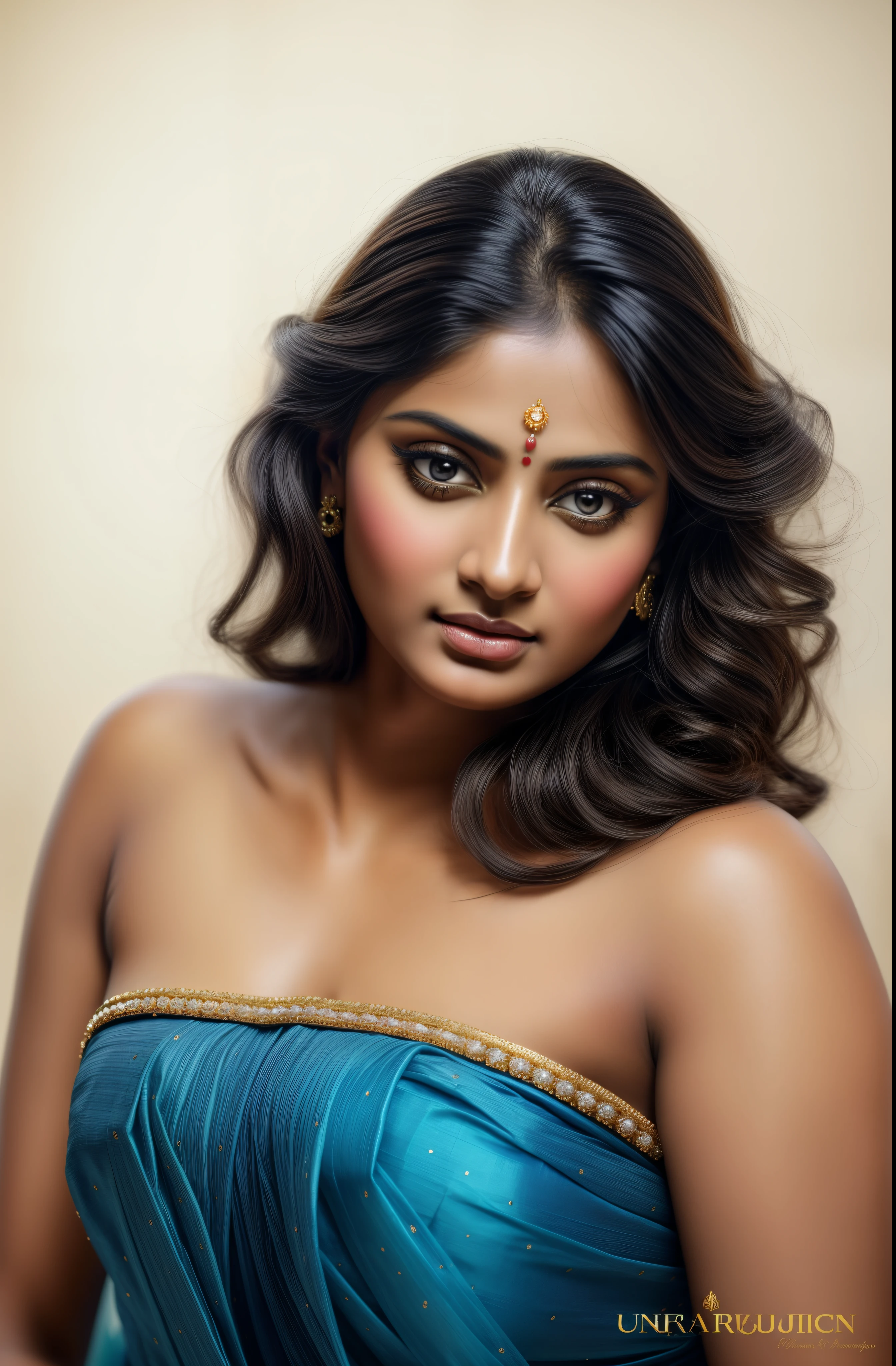 Beautiful Indian Woman, wearing saree, sari Beauty, gorgeous, Apsara, Maharani, royal queen woman, nymph from Hindu Mythology, Urvashi, matchless beauty, Highly detailed, Oil Painting by Peter Paul Rubens inspired by Raja Ravi Varma, Matchless beauty, captivating, gorgeous, heavenly beauty, celestial beauty, by Peter Paul Rubens, 1893, realistic, hyper realistic, micro details, incredible artwork, insane details, ultra High resolution, 8k, 32k, acrylic on canvas, intricate, flawless, detailed, detailed face, detailed eyes, masterpiece, by Peter Paul Rubens, by Caravaggio, by William Adolphe bouguereau, perfect face, perfect body, beautiful art, realism, baroque, renaissance Art, highly textured, beautiful and detailed eyes, uhd, best quality,
