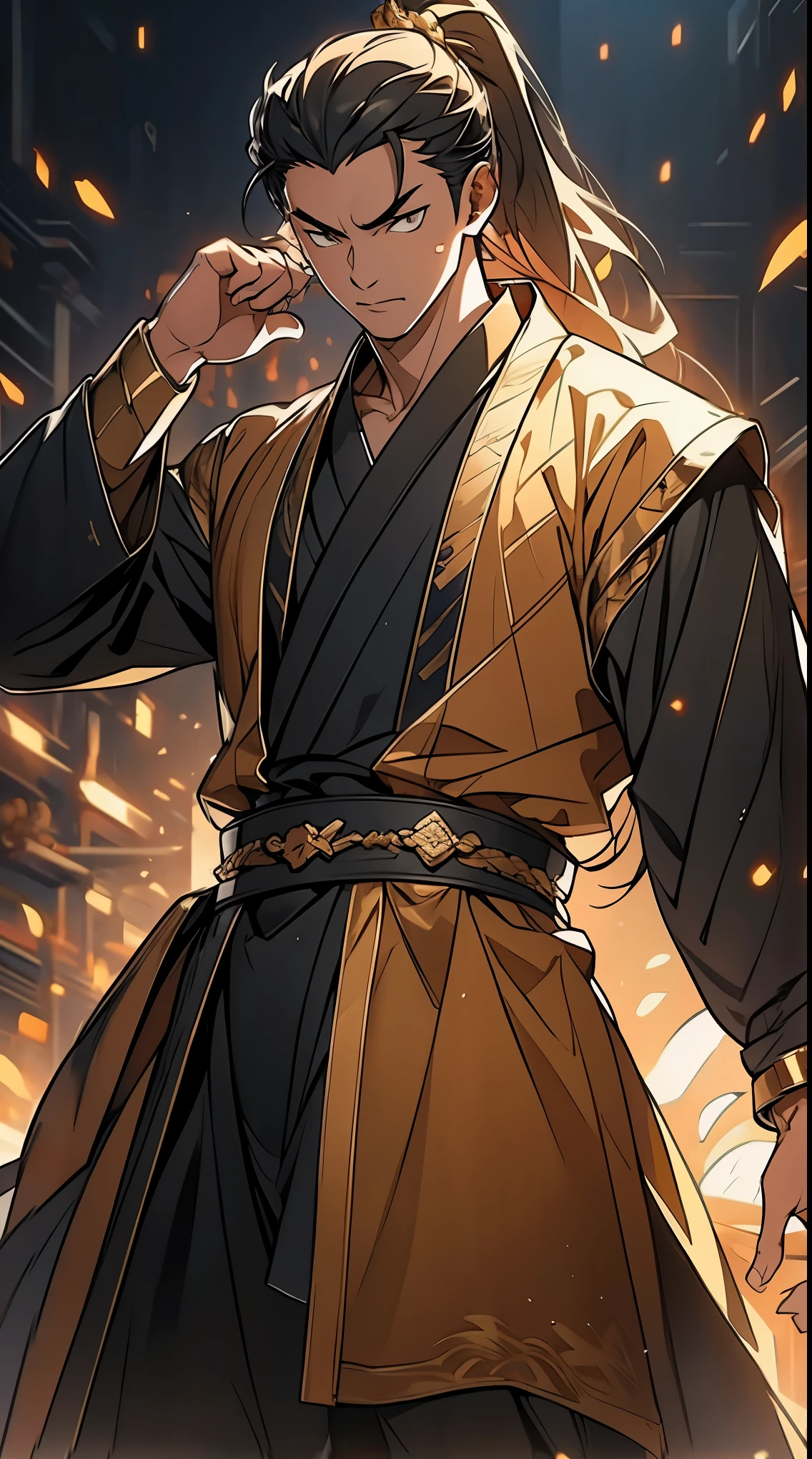 Two dimensions,anime style,one person(male warrior),proportions are correct,facial details,swordsman,high ponytail hairstyle,neck detail,Have an Adam's apple,Black and gold robe,joke,Black and gold robe,clothing details,Hand over,long sleeves,Game quality,fencing,Ray tracing,Ray tracing,Detailed glow,CG rendering,hair details,Long black and blond hair,Black-gold eyes,Handsome,Handsome,(Youthful feeling),Costumes are complicated,Perfect composition,refine,high quality,higher details,many details,Complex background,a sense of atmosphere,