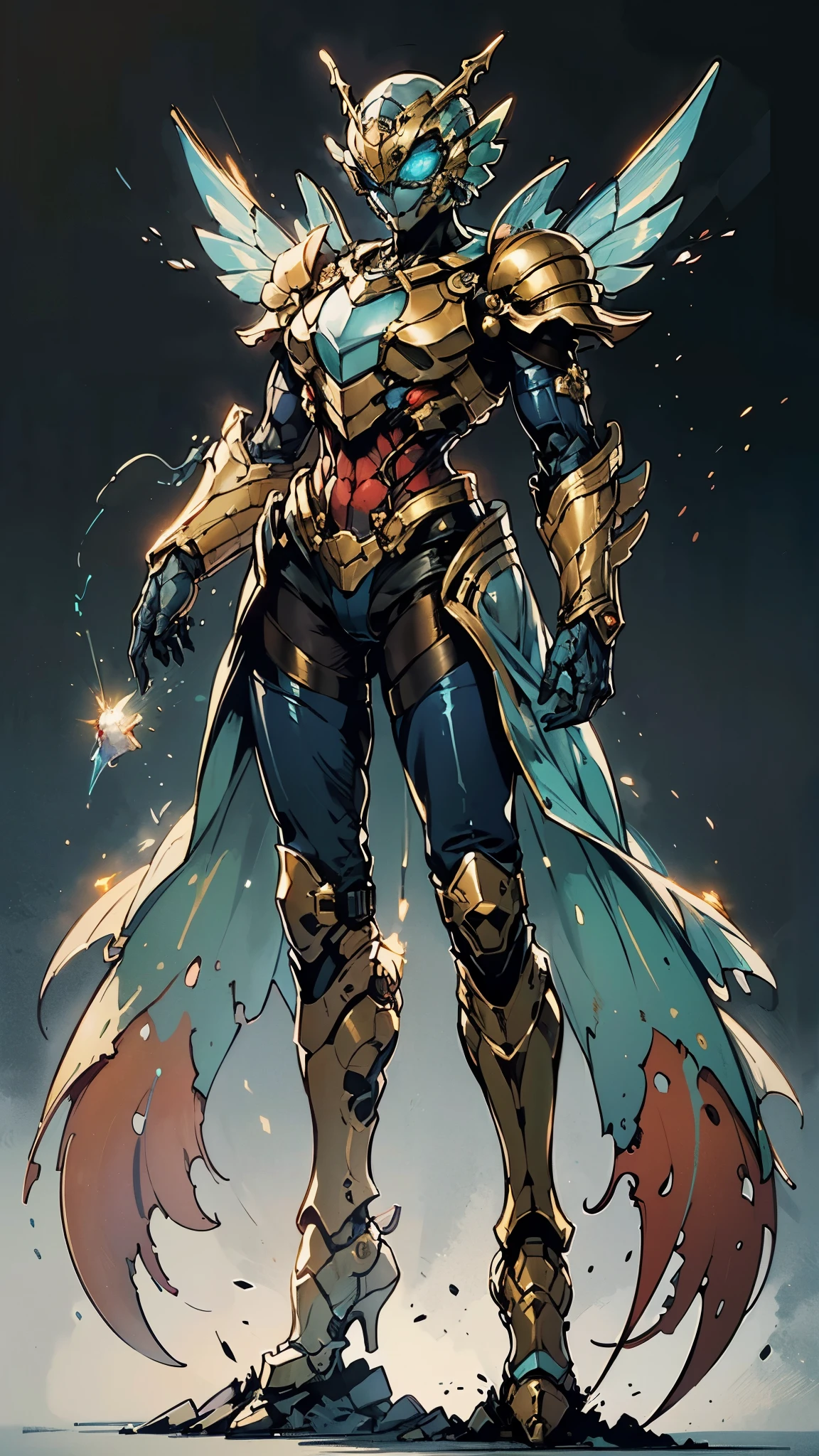 A woman adorned in fantasy-style full-body armor, a crown-concept fully enclosed helmet that unveils only her eyes, a composite layered chest plate, fully encompassing shoulder and hand guards, a lightweight waist armor, form-fitting shin guards, the overall design is heavy-duty yet flexible, (the armor gleams with a golden glow, complemented by red and blue accents), exhibiting a noble aura, she floats above a fantasy-surreal high-tech city, this character embodies a finely crafted fantasy-surreal style armored hero in anime style, exquisite and mature manga art style, (mixture of Queen bee and Spider concept Armor, plasma), ((Element, elegant, goddess, femminine:1.5)), metallic, high definition, best quality, highres, ultra-detailed, ultra-fine painting, extremely delicate, professional, anatomically correct, symmetrical face, extremely detailed eyes and face, high quality eyes, creativity, RAW photo, UHD, 32k, Natural light, cinematic lighting, masterpiece-anatomy-perfect, masterpiece:1.5