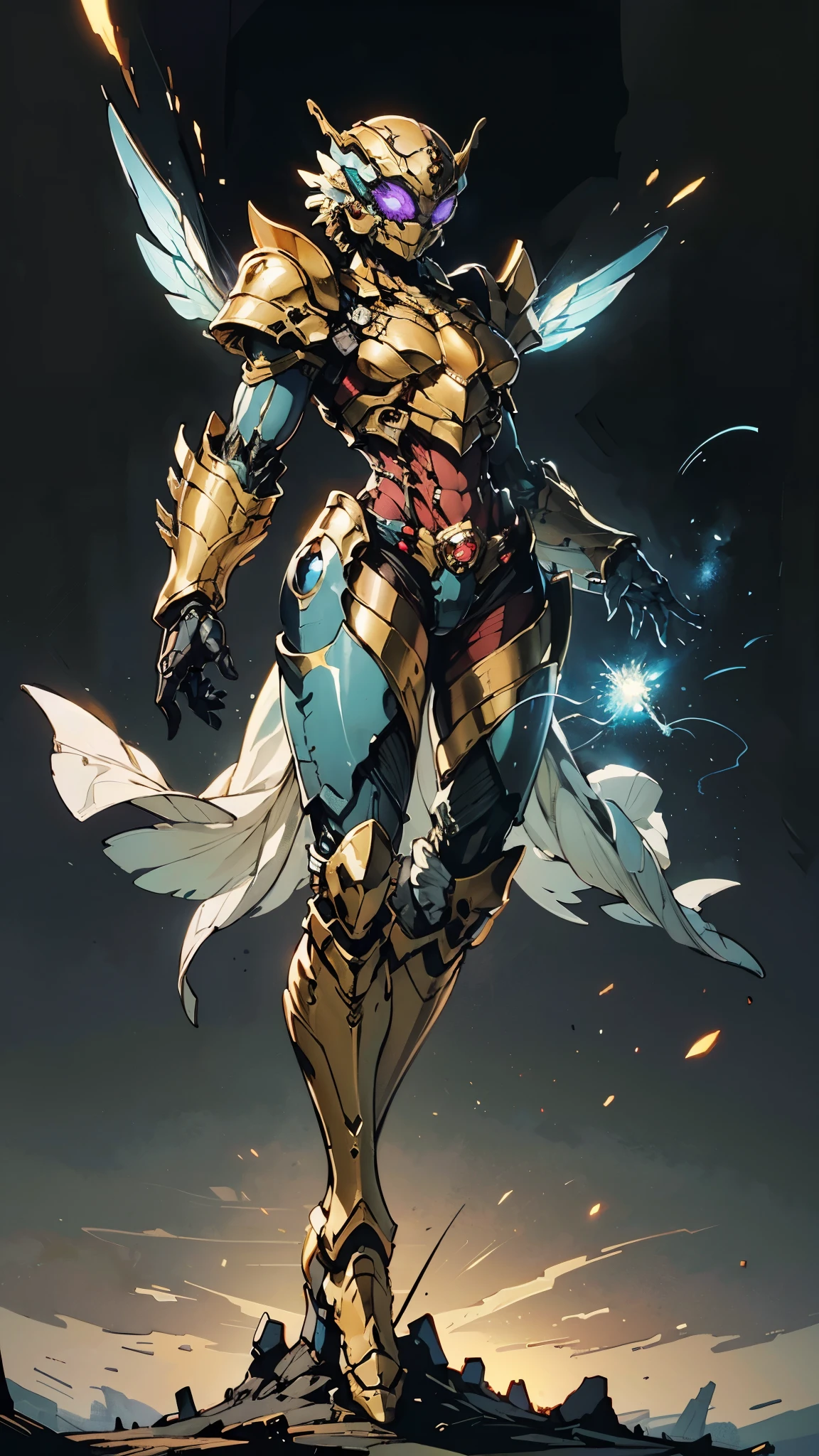 A woman adorned in fantasy-style full-body armor, a crown-concept fully enclosed helmet that unveils only her eyes, a composite layered chest plate, fully encompassing shoulder and hand guards, a lightweight waist armor, form-fitting shin guards, the overall design is heavy-duty yet flexible, (the armor gleams with a golden glow, complemented by red and blue accents), exhibiting a noble aura, she floats above a fantasy-surreal high-tech city, this character embodies a finely crafted fantasy-surreal style armored hero in anime style, exquisite and mature manga art style, (mixture of Queen bee and Spider concept Armor, plasma), ((Element, elegant, goddess, femminine:1.5)), metallic, high definition, best quality, highres, ultra-detailed, ultra-fine painting, extremely delicate, professional, anatomically correct, symmetrical face, extremely detailed eyes and face, high quality eyes, creativity, RAW photo, UHD, 32k, Natural light, cinematic lighting, masterpiece-anatomy-perfect, masterpiece:1.5