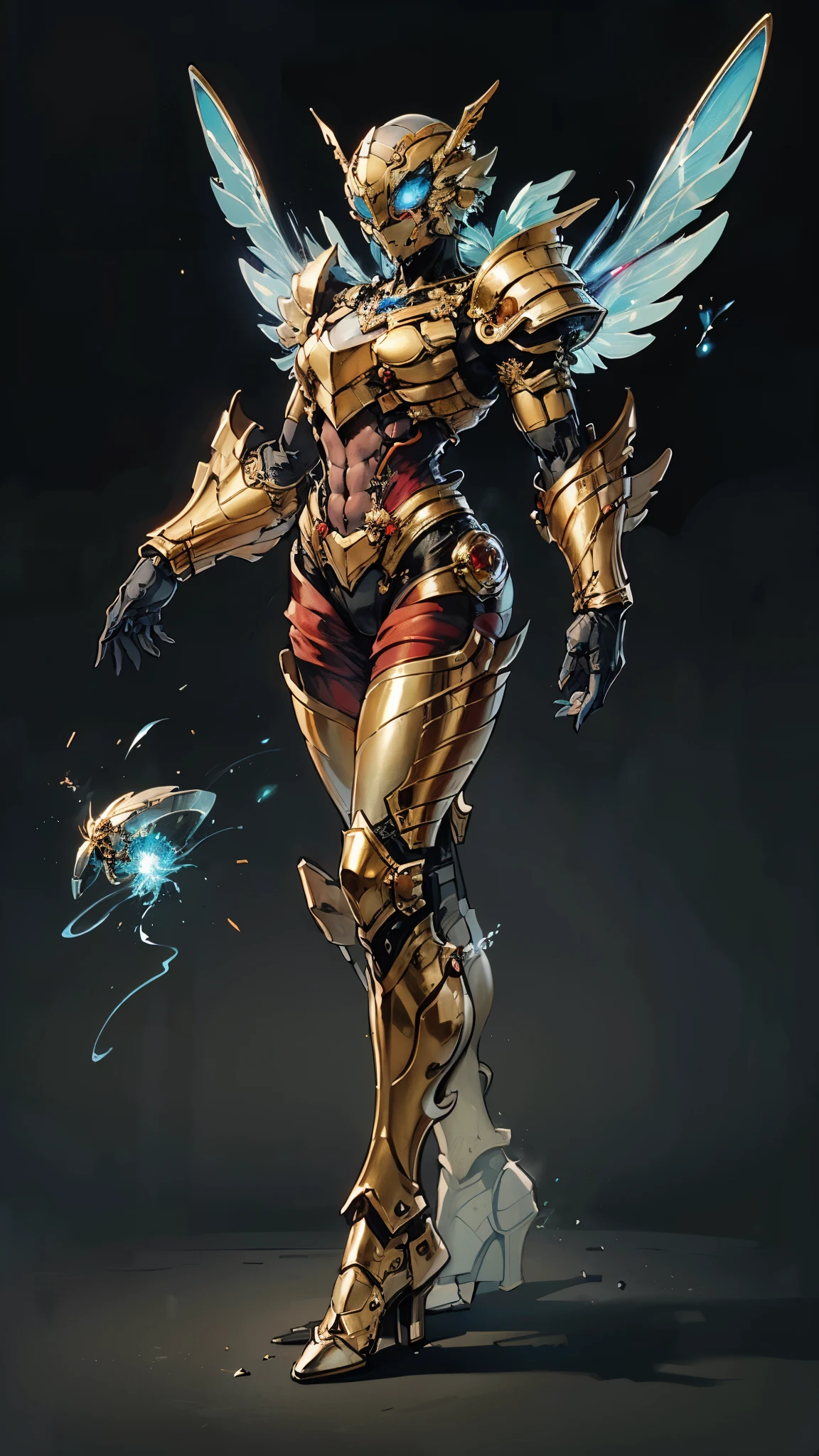 A woman adorned in fantasy-style full-body armor, a crown-concept fully enclosed helmet that unveils only her eyes, a composite layered chest plate, fully encompassing shoulder and hand guards, a lightweight waist armor, form-fitting shin guards, the overall design is heavy-duty yet flexible, (the armor gleams with a golden glow, complemented by red and blue accents), exhibiting a noble aura, she floats above a fantasy-surreal high-tech city, this character embodies a finely crafted fantasy-surreal style armored hero in anime style, exquisite and mature manga art style, (mixture of Queen bee and Spider concept Armor, plasma), ((Element, elegant, goddess, femminine:1.5)), metallic, high definition, best quality, highres, ultra-detailed, ultra-fine painting, extremely delicate, professional, anatomically correct, symmetrical face, extremely detailed eyes and face, high quality eyes, creativity, RAW photo, UHD, 32k, Natural light, cinematic lighting, masterpiece-anatomy-perfect, masterpiece:1.5